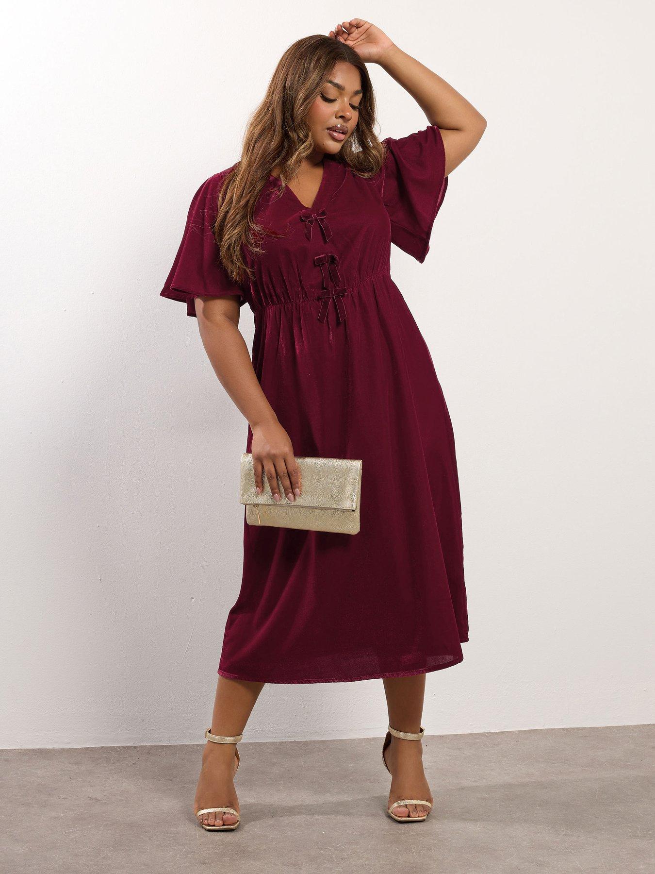 Yours Curve Velvet Midi Bow Dress - Red