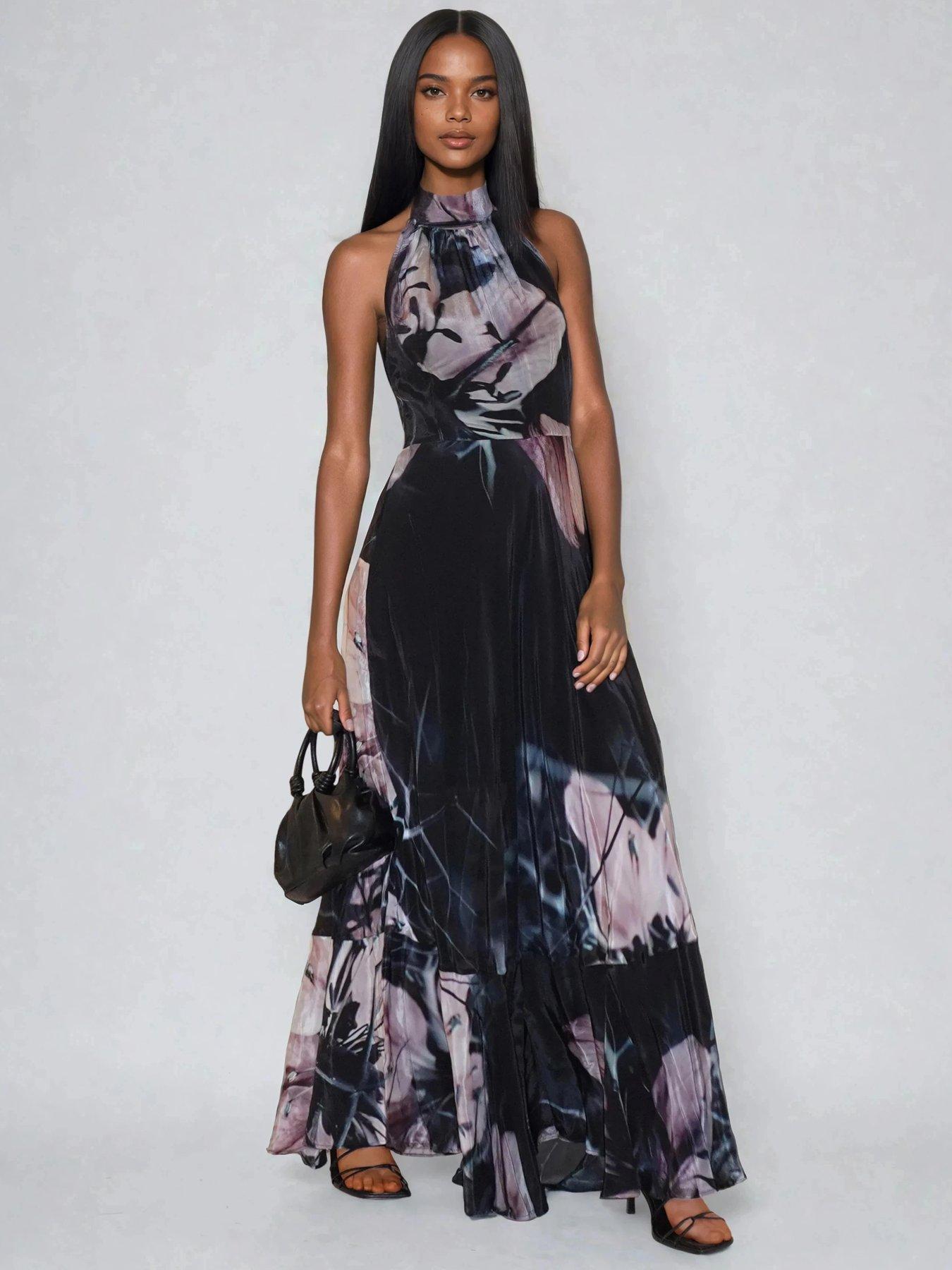 Image 3 of 5 of Religion Florence Halterneck Maxi Dress With Sash Detail In Dark Floral - Black