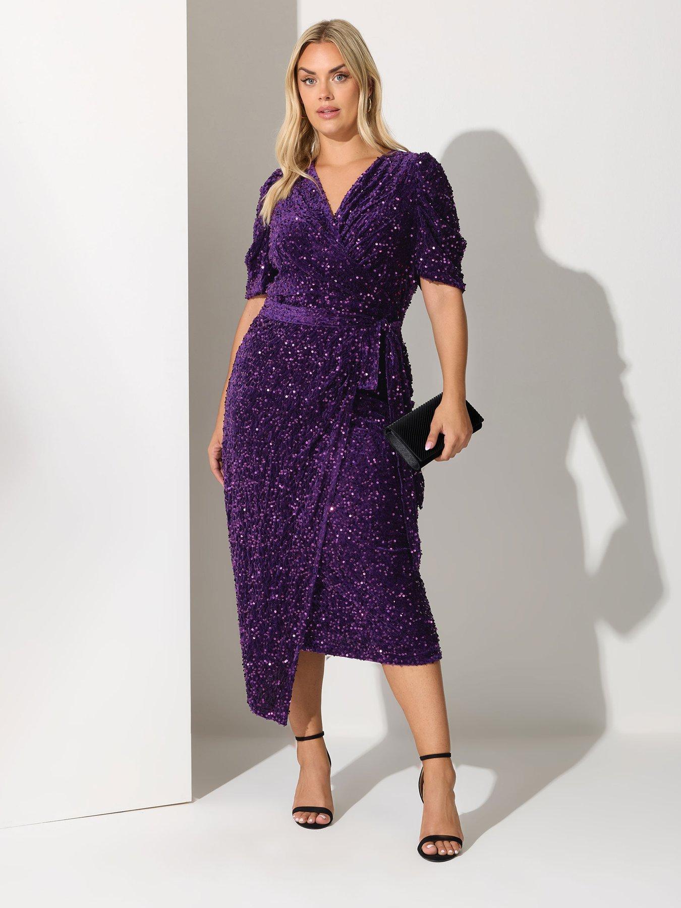 yours-curve-sequin-velvet-puff-sleeve-wrap-dress-purple