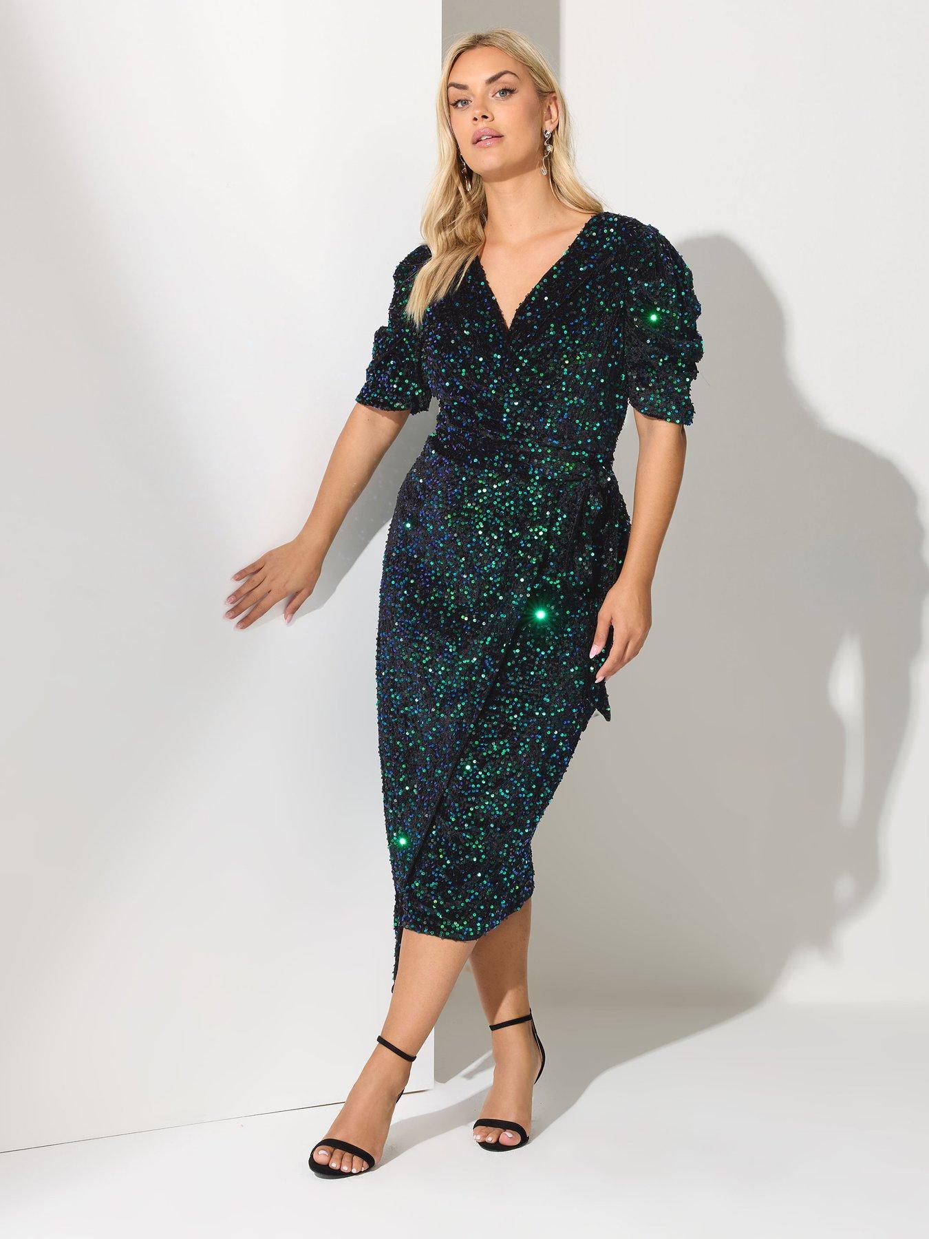 Yours Curve Sequin Velvet Wrap Dress - Black