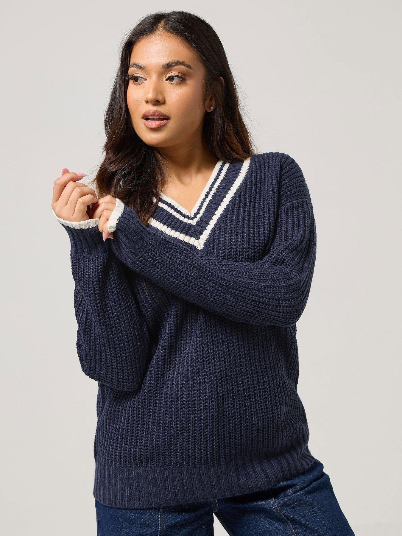 pixiegirl-petite-v-neck-varsity-jumper-blueoutfit