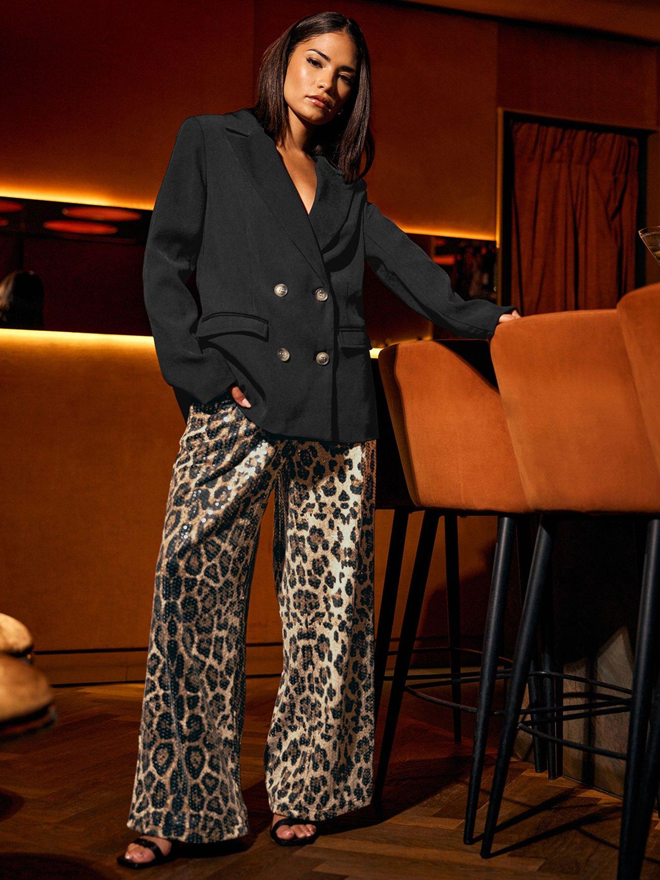 Image 1 of 4 of PixieGirl Petite Animal Sequin Wide Leg Trouser - Brown