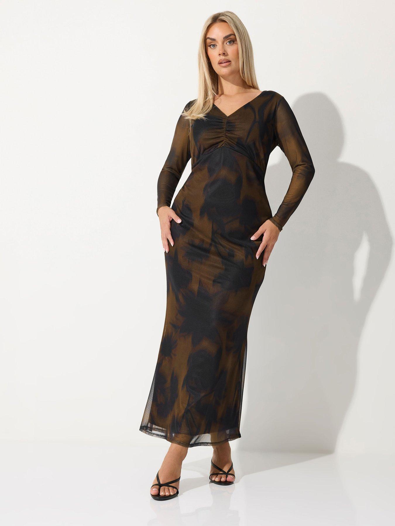 Yours Curve Floral Blur Bust Detail Dress - Brown