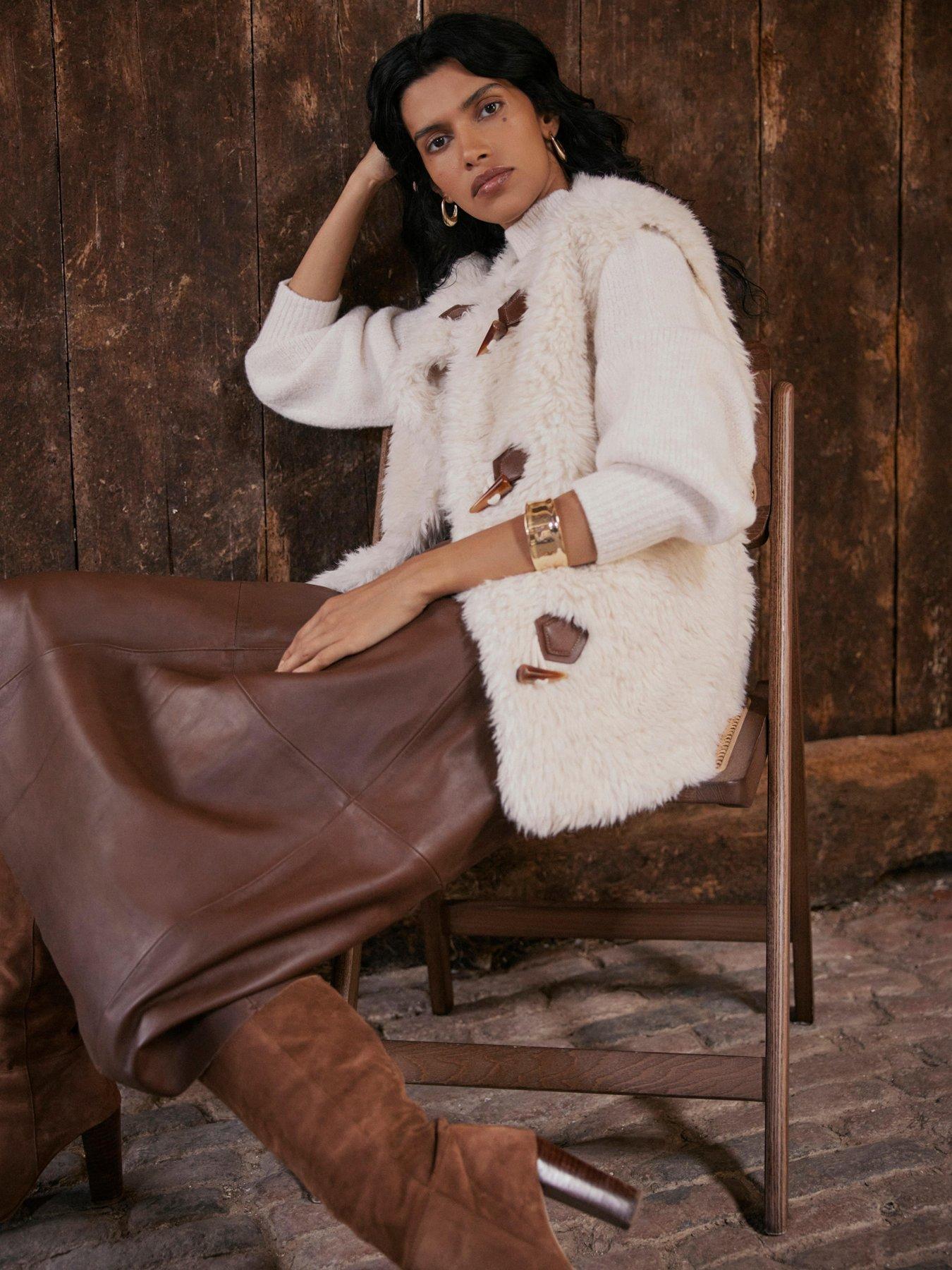 Image 1 of 5 of Mint Velvet Cream Faux Fur Toggle Gilet - Beige