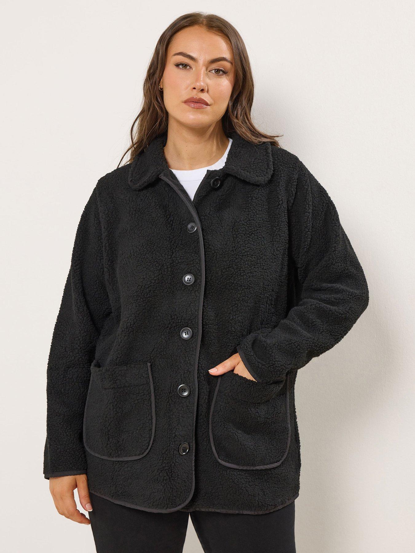 Yours Curve Button Front Teddy Fleece - Black
