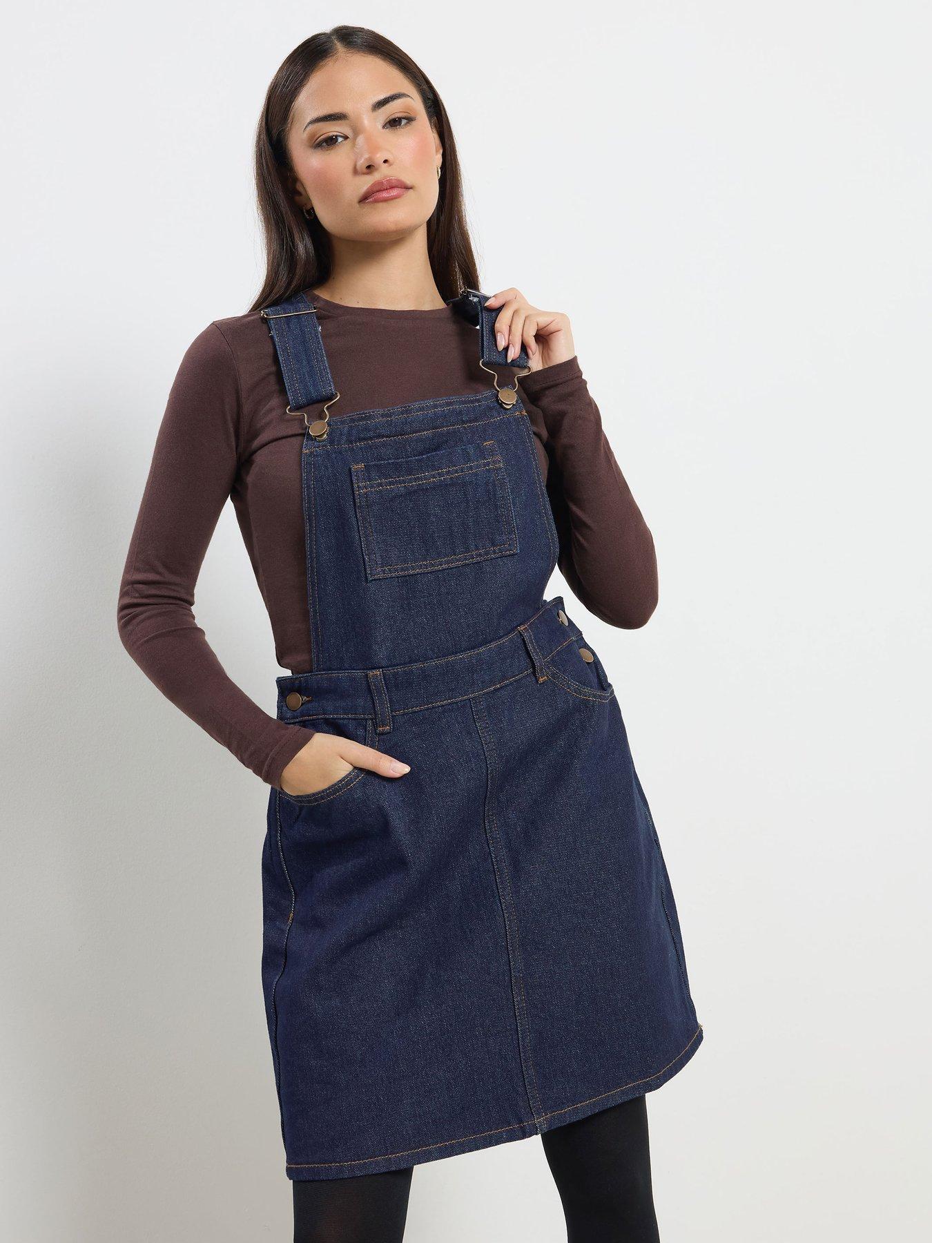 Image 1 of 4 of PixieGirl Petite Denim Dungaree Mini Dress