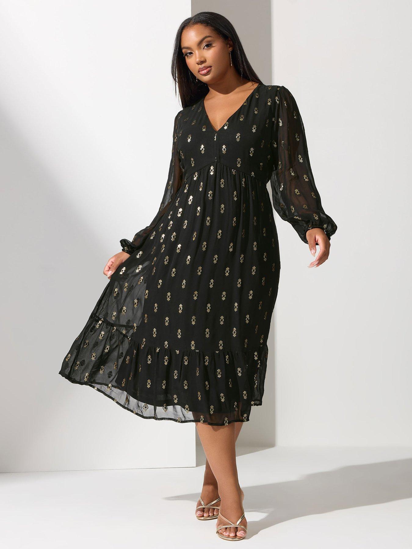 Image 3 of 4 of Yours Curve Sequin Boho Smock Dress - Black