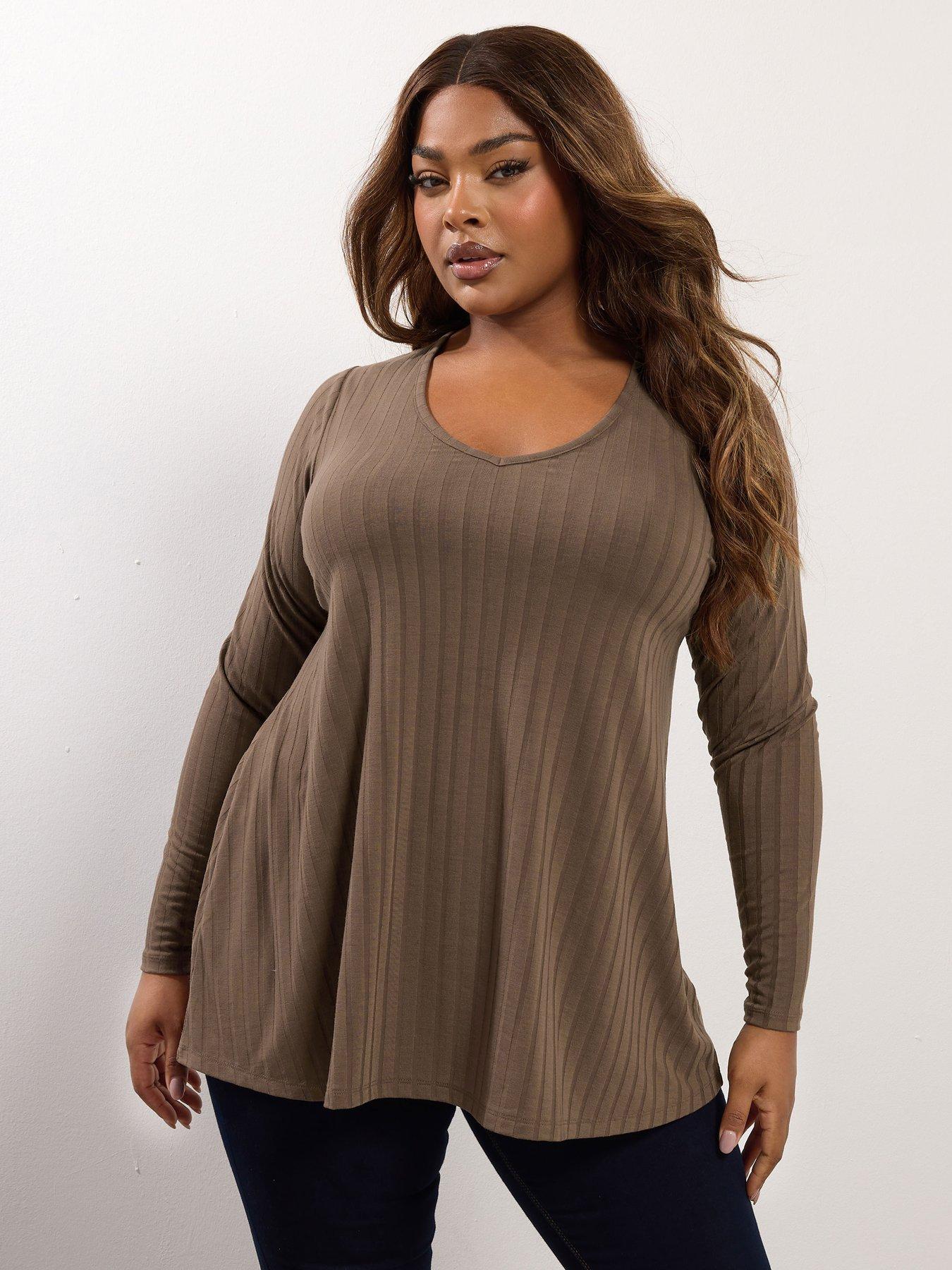 Yours Curve Long Sleeve Ribbed Swing T-Shirt - Brown
