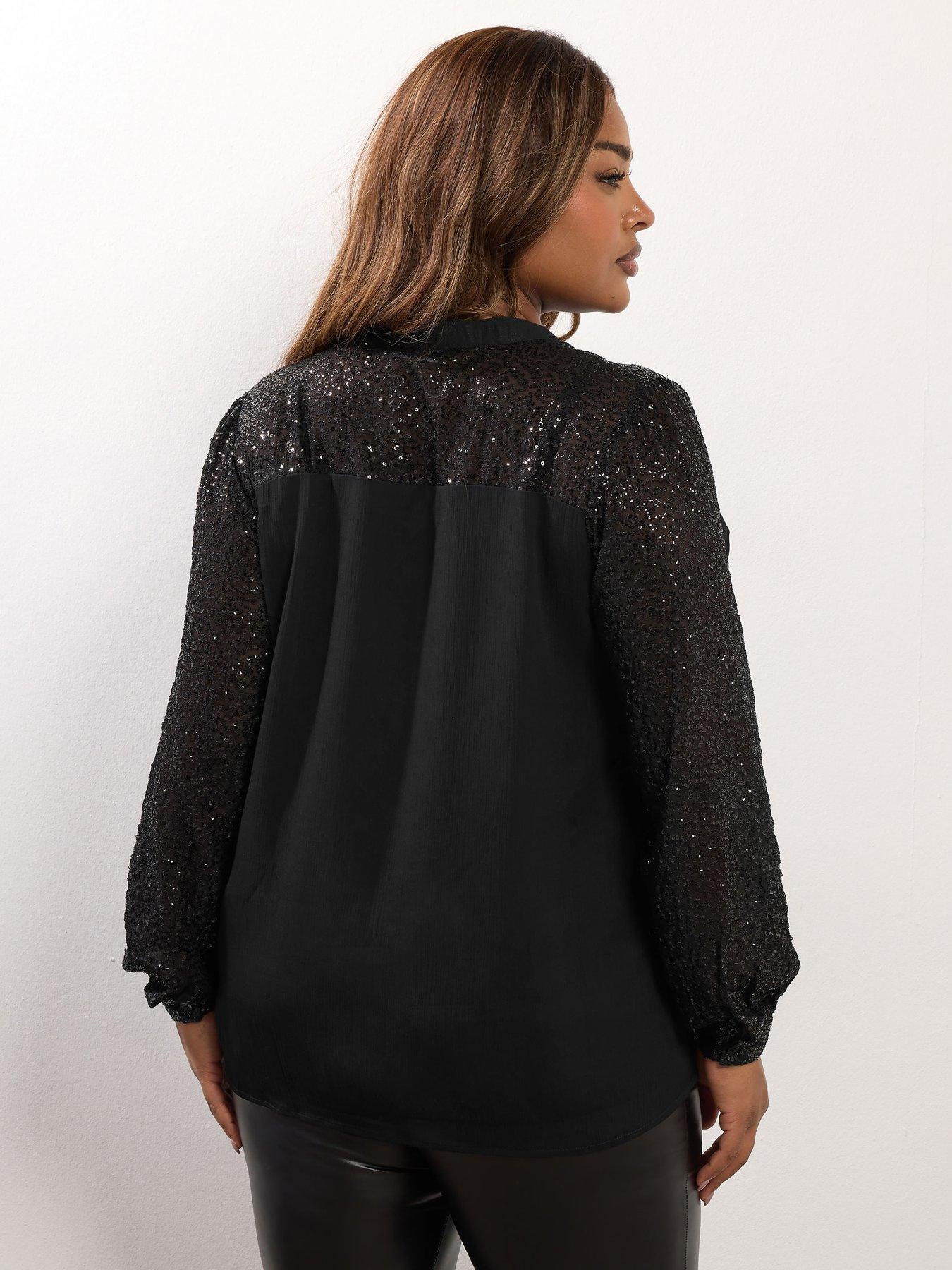yours-curve-studded-sequin-notchneck-blouse-blackstillFront