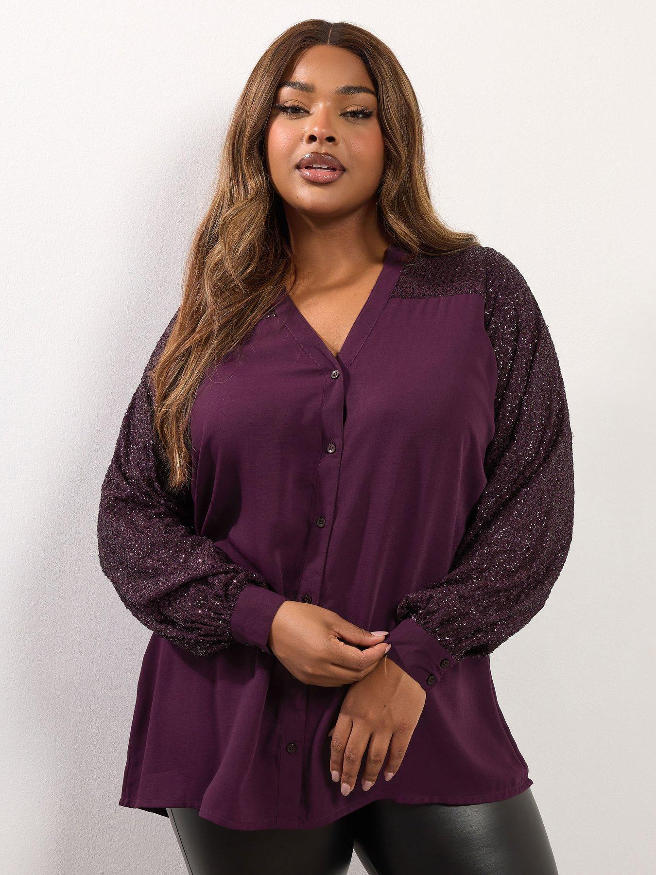 yours-curve-studded-sequin-notch-neck-blouse-purple