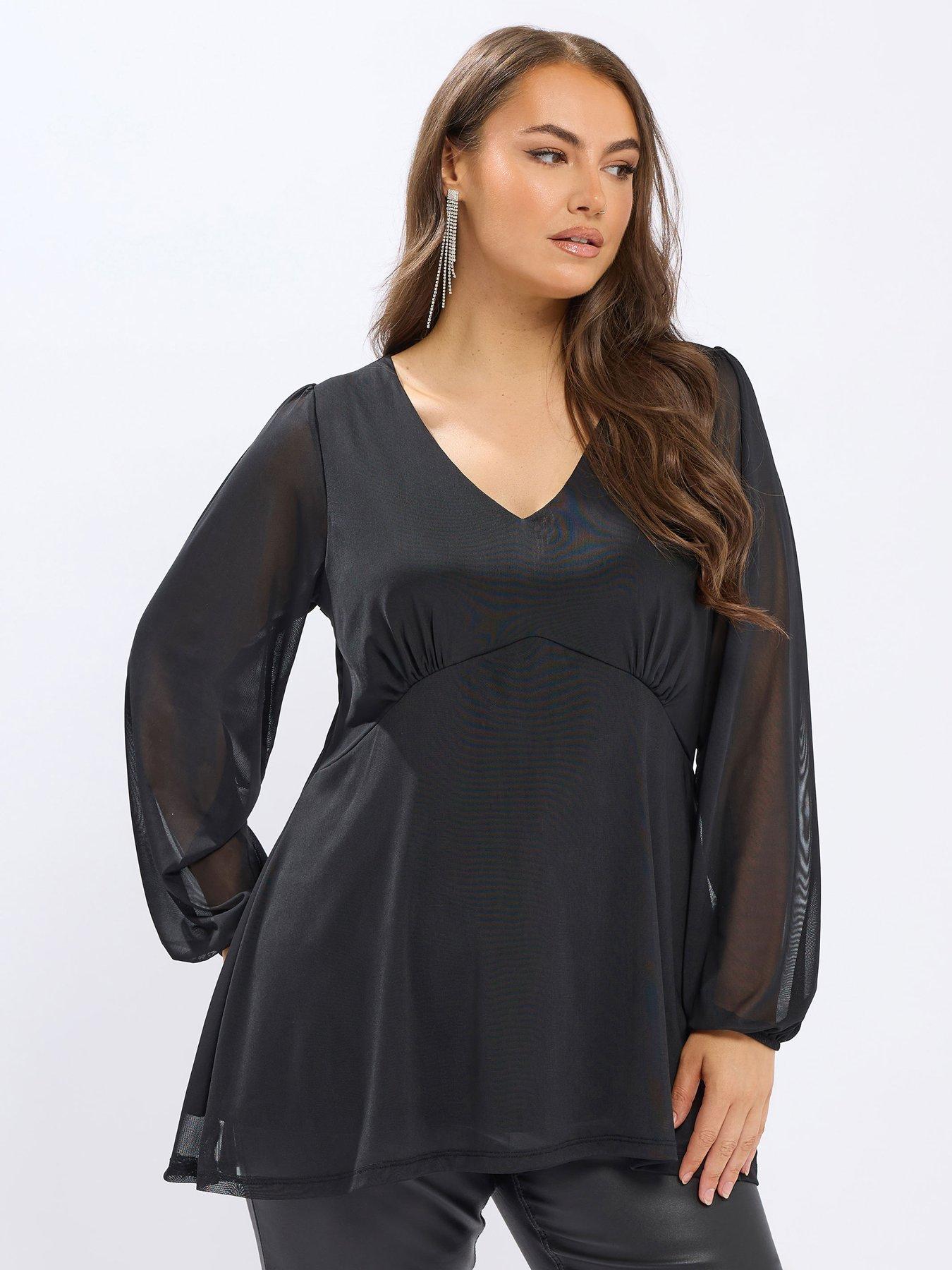 yours-curve-mesh-a-line-balloon-sleeve-top-black
