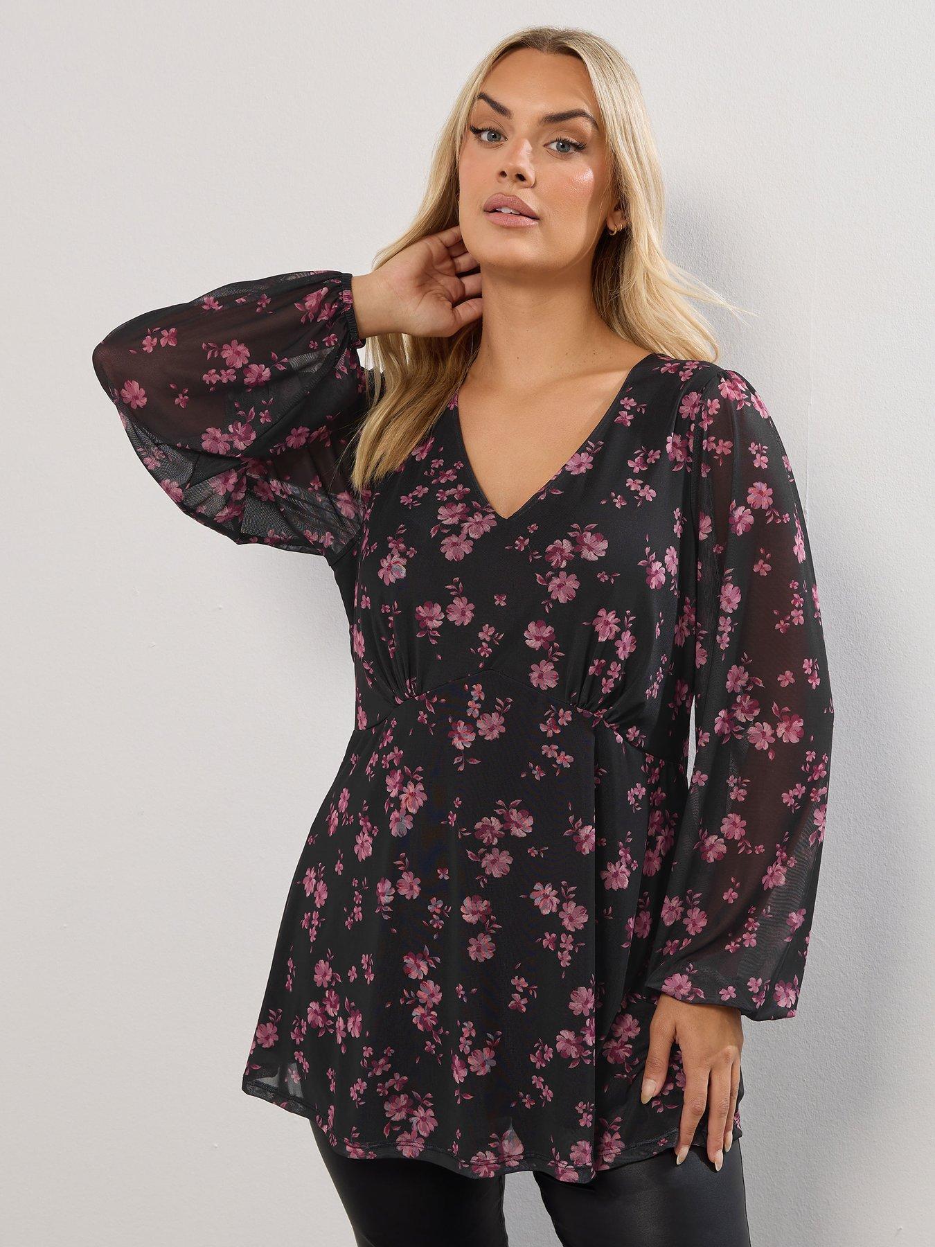 Yours Curve Mesh A Line Balloon Sleeve Top - Black