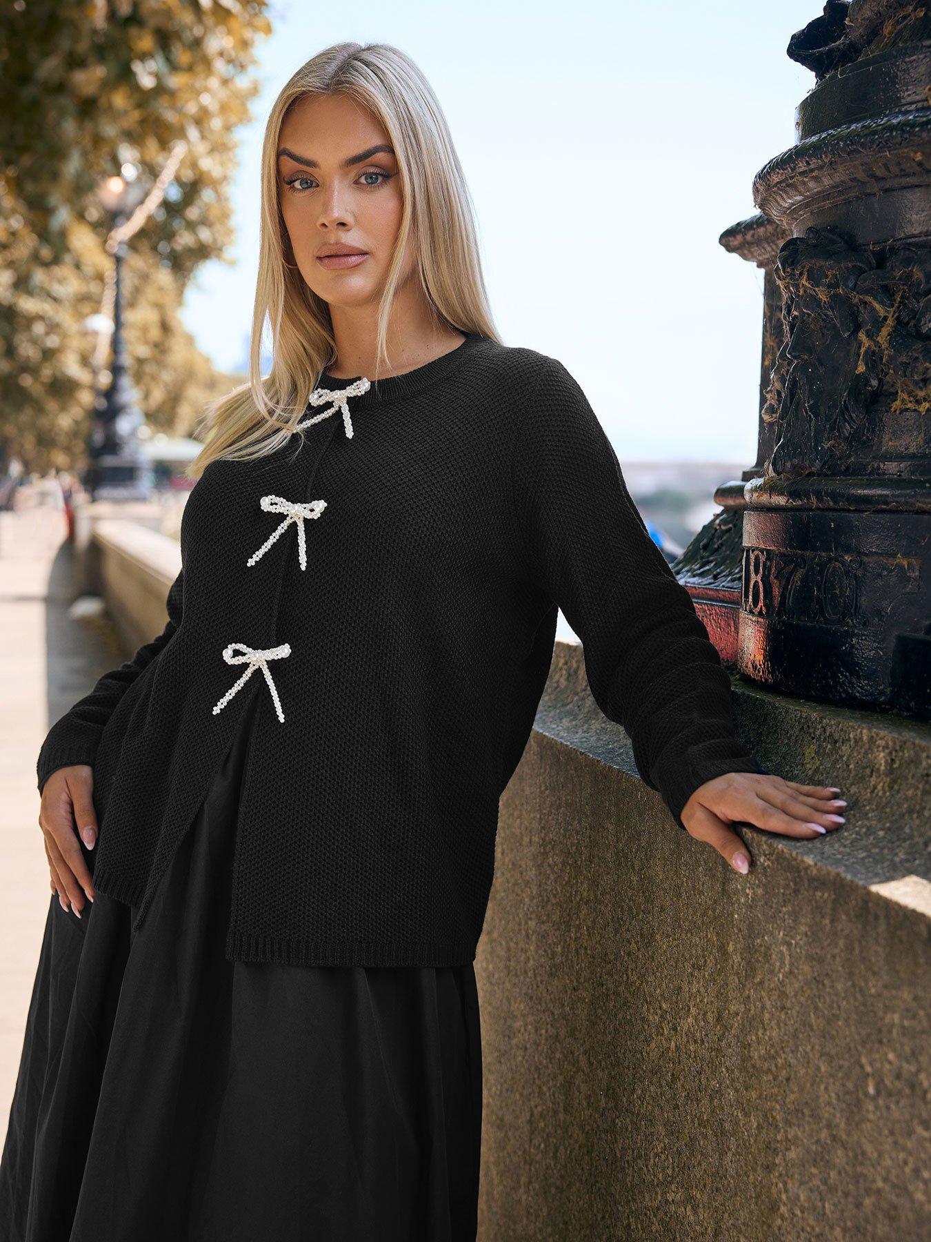 Yours Curve Pearl Bow Button Cardigan - Black