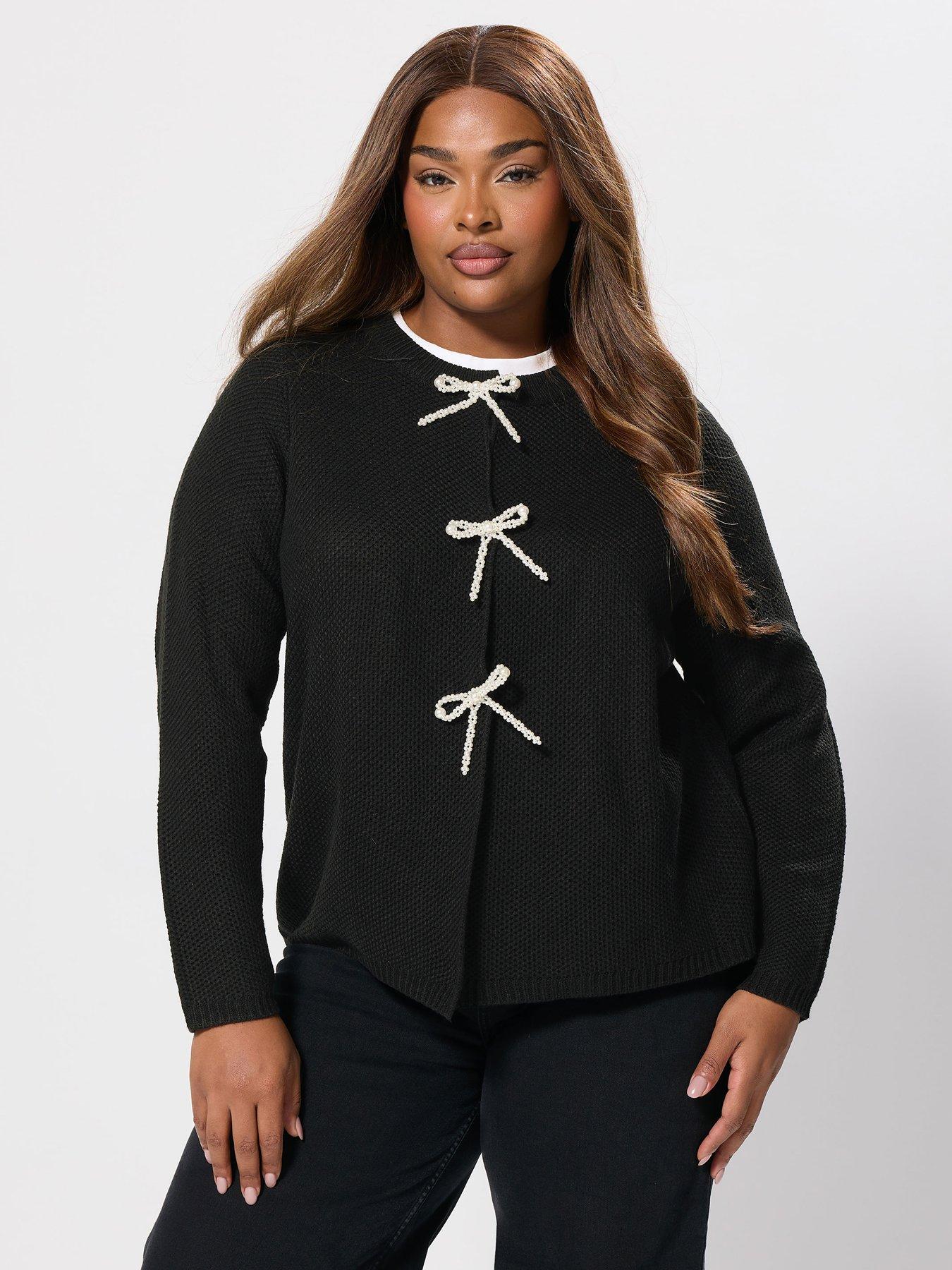yours-curve-pearl-bow-button-cardigan-blackoutfit
