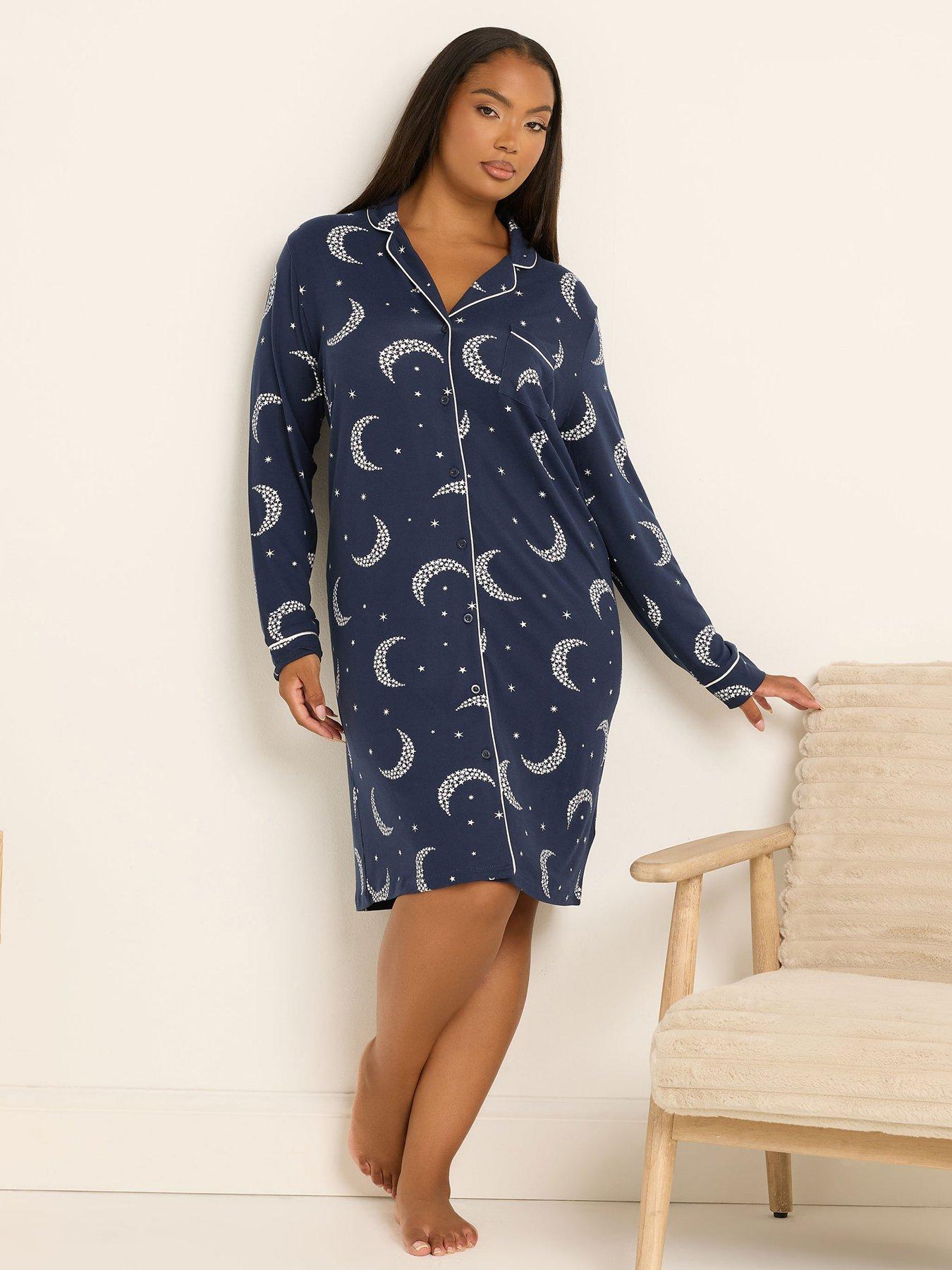 Yours Curve Soft Touch Button Star Moons Nightdress - Blue