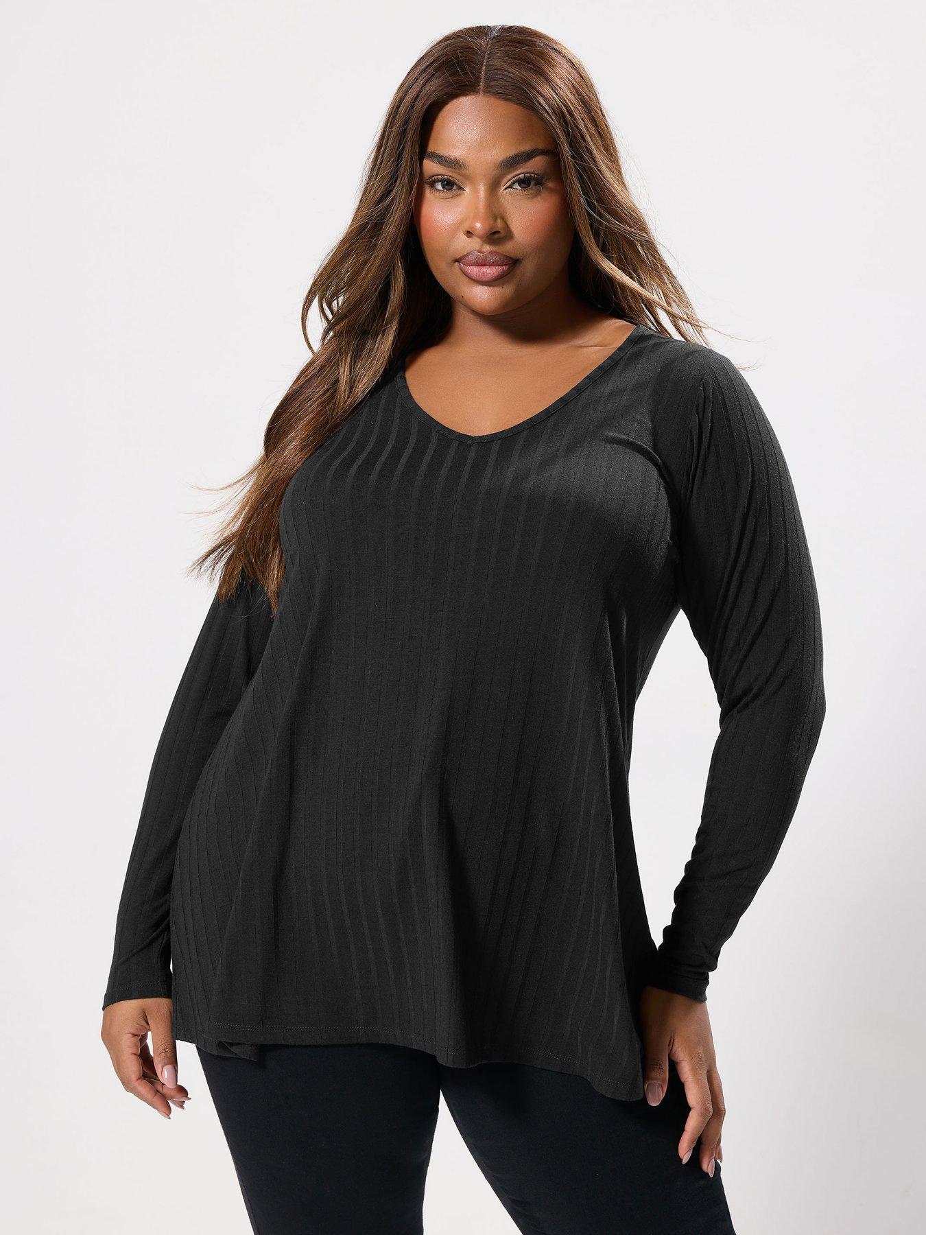 Yours Curve Plunge Neck Ribbed Swing T-Shirt - Black