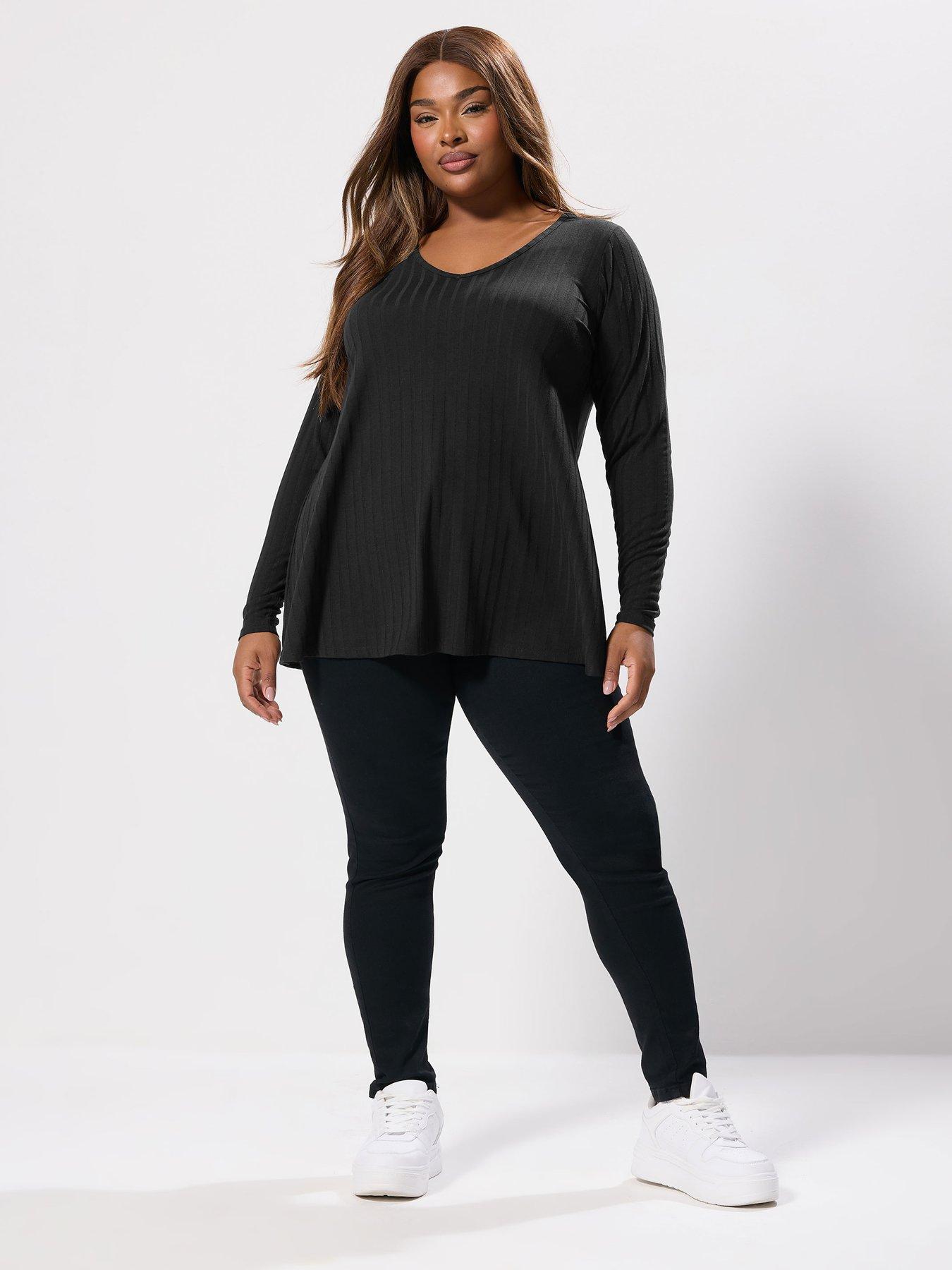 Image 3 of 4 of Yours Curve Plunge Neck Ribbed Swing T-Shirt - Black