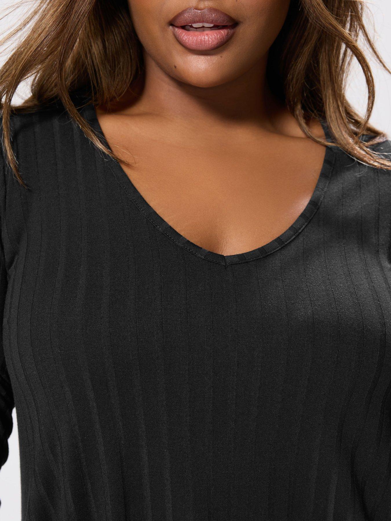 Image 4 of 4 of Yours Curve Plunge Neck Ribbed Swing T-Shirt - Black