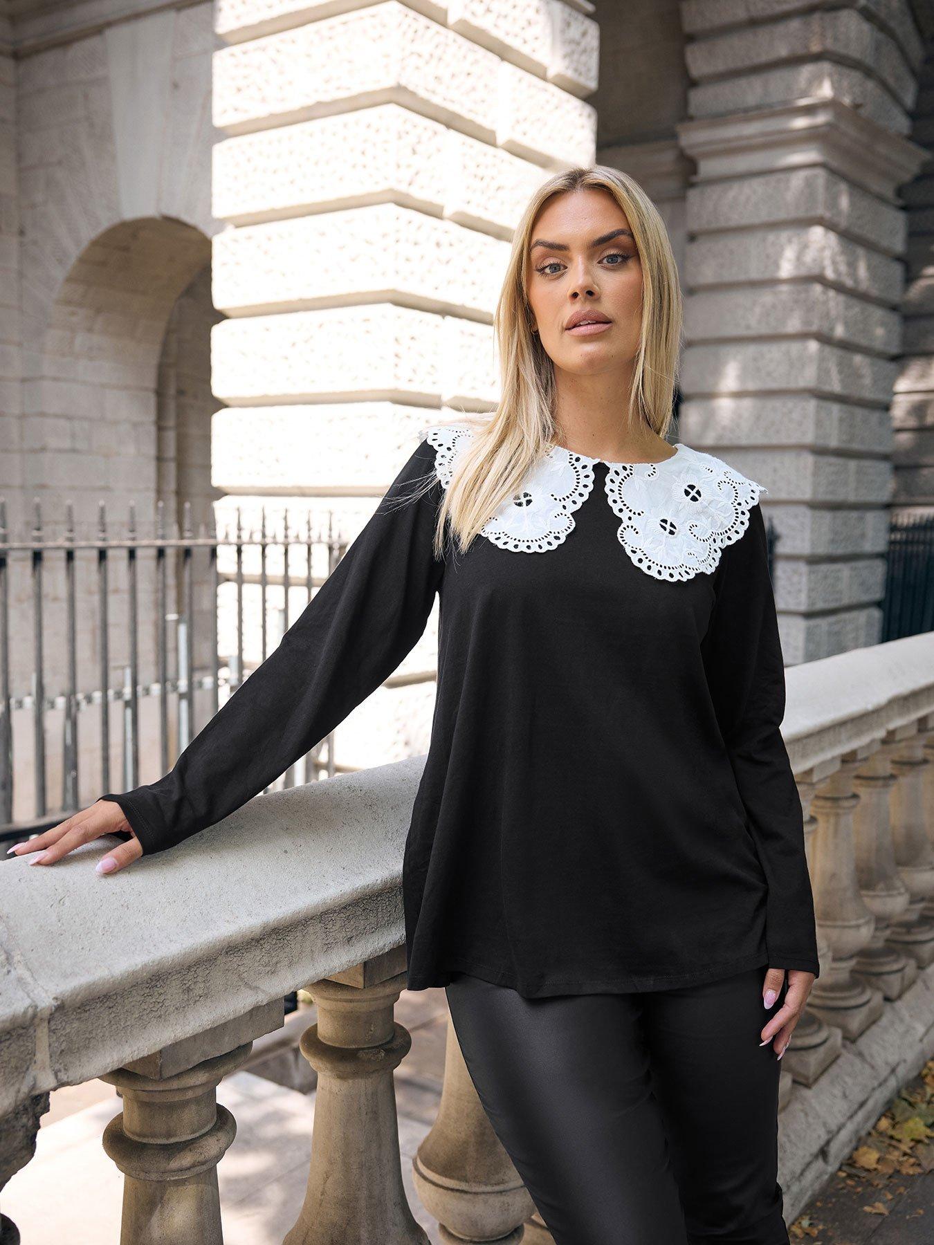 yours-curve-lace-collar-long-sleeve-a-line-top-black
