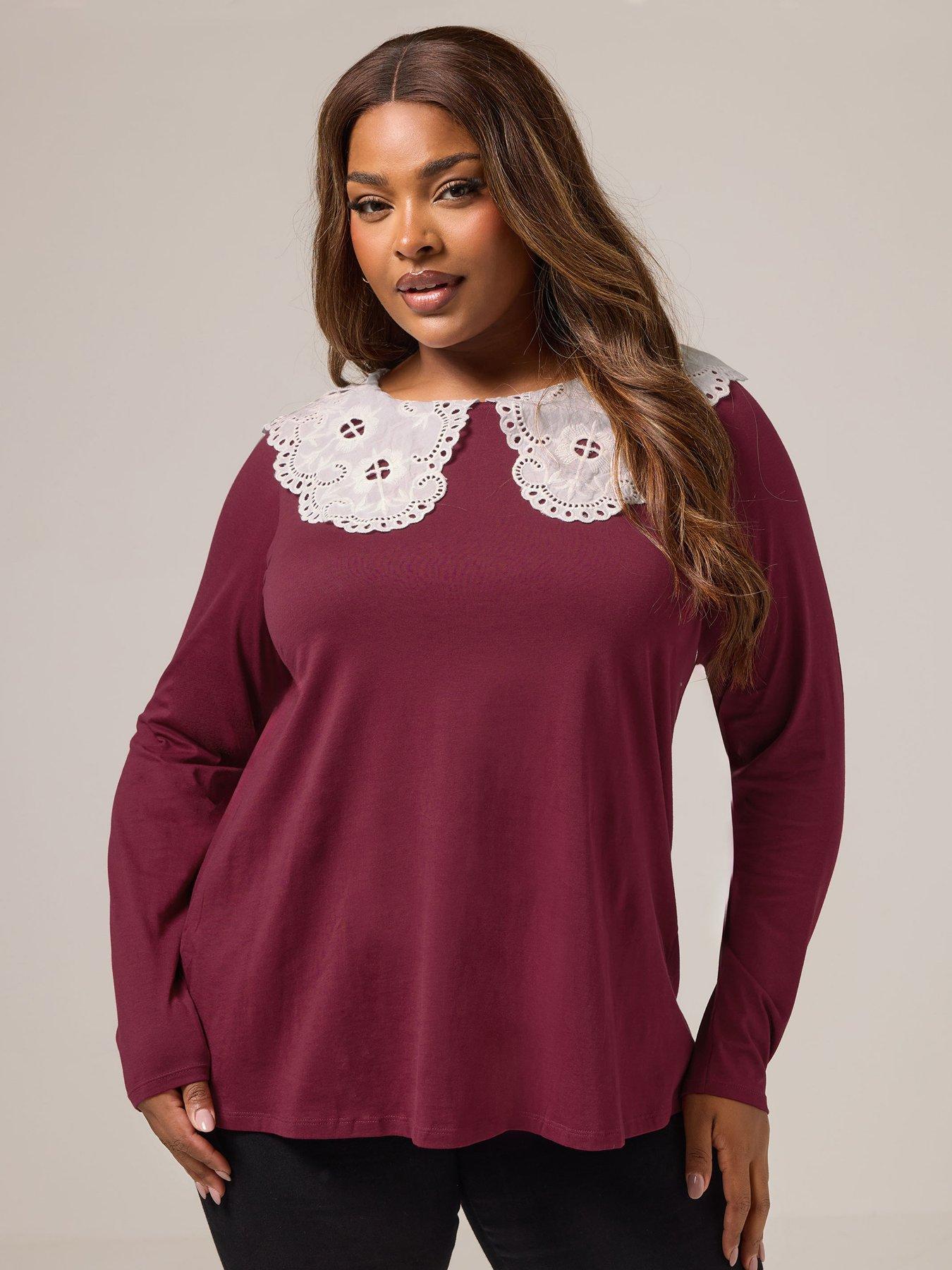 yours-curve-lace-collar-long-sleeve-a-line-top-brown