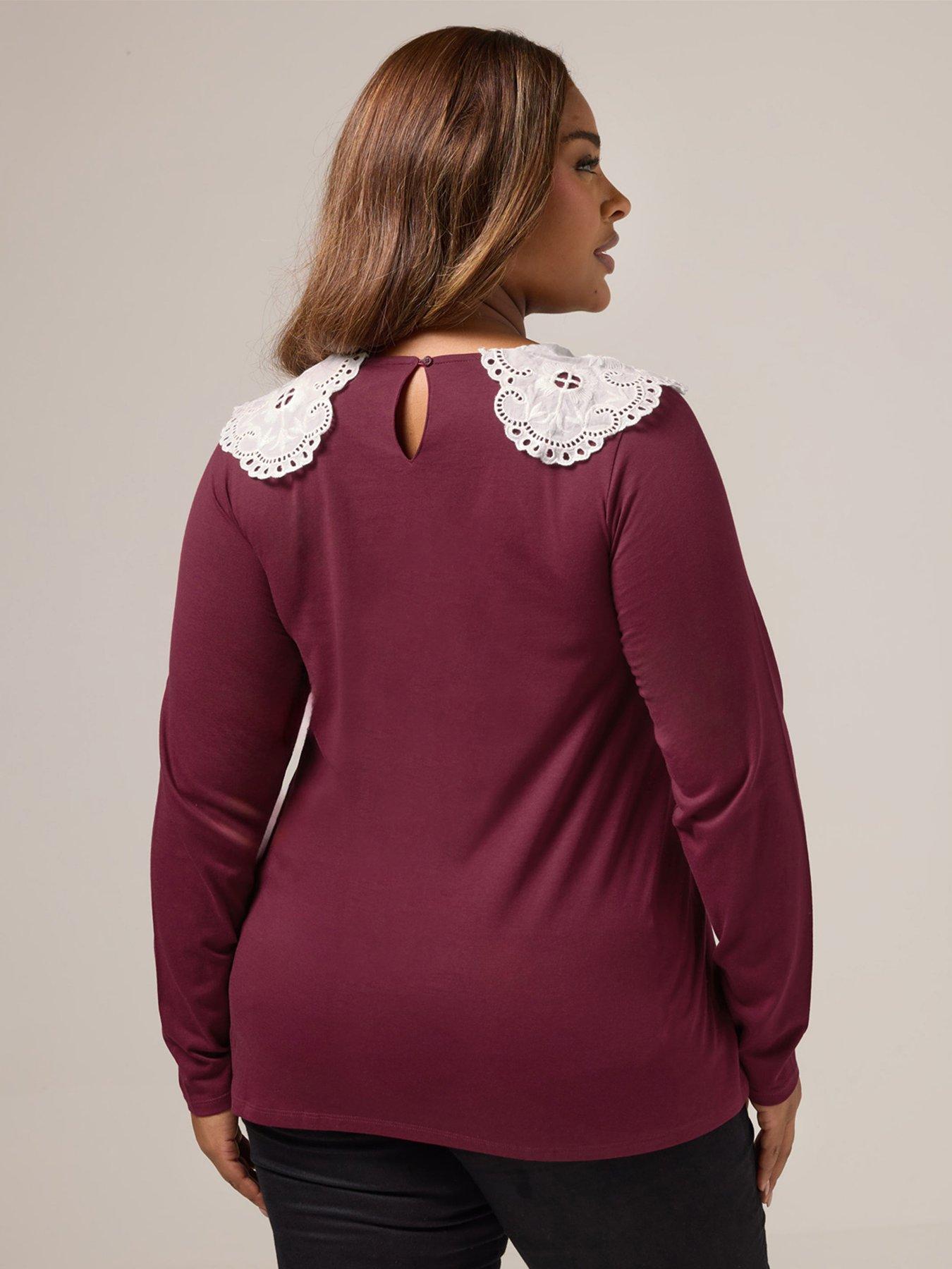 yours-curve-lace-collar-long-sleeve-a-line-top-brownstillFront