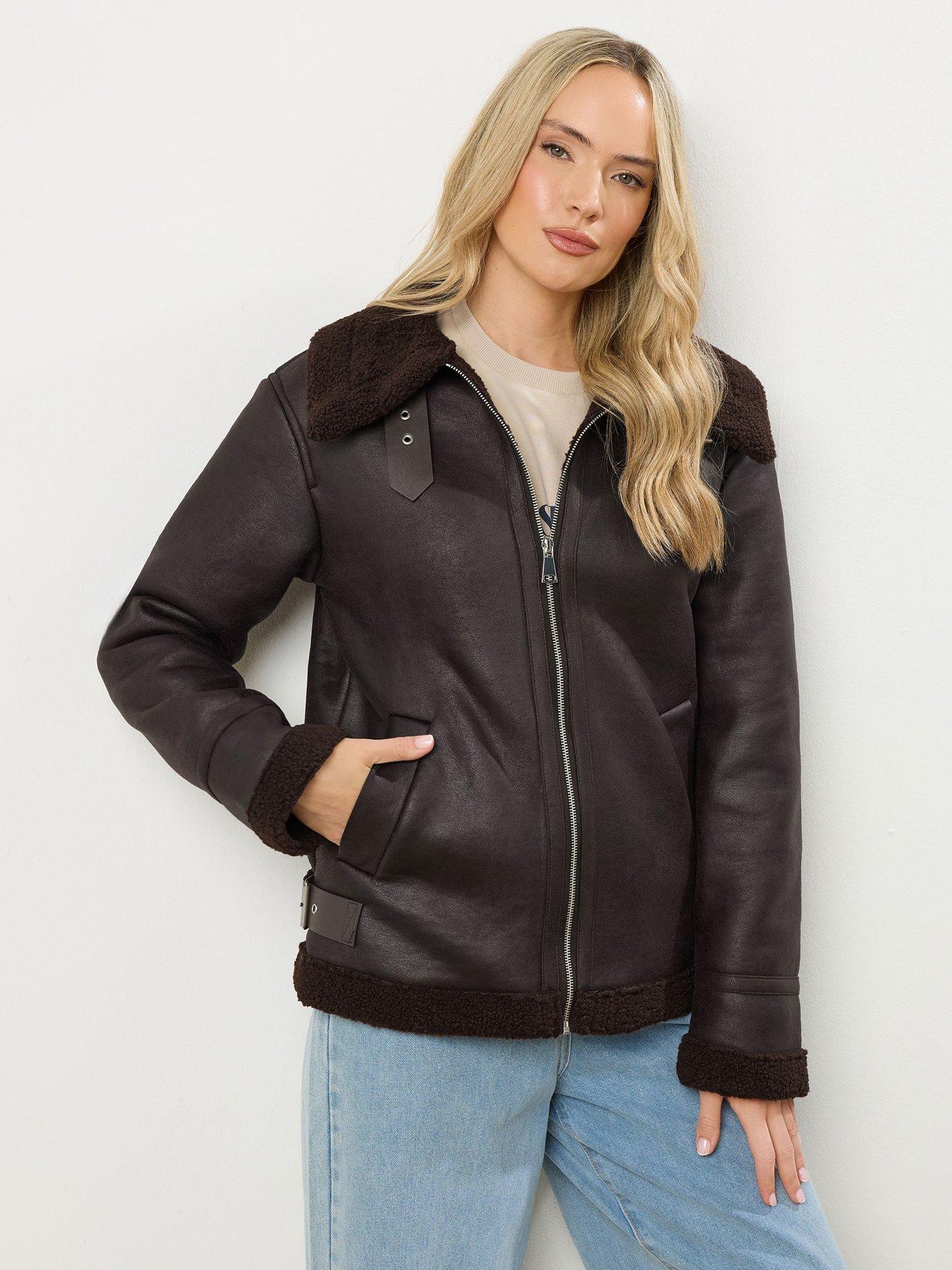 Image 4 of 4 of Long Tall Sally Taped Seam Aviator Jacket - Brown