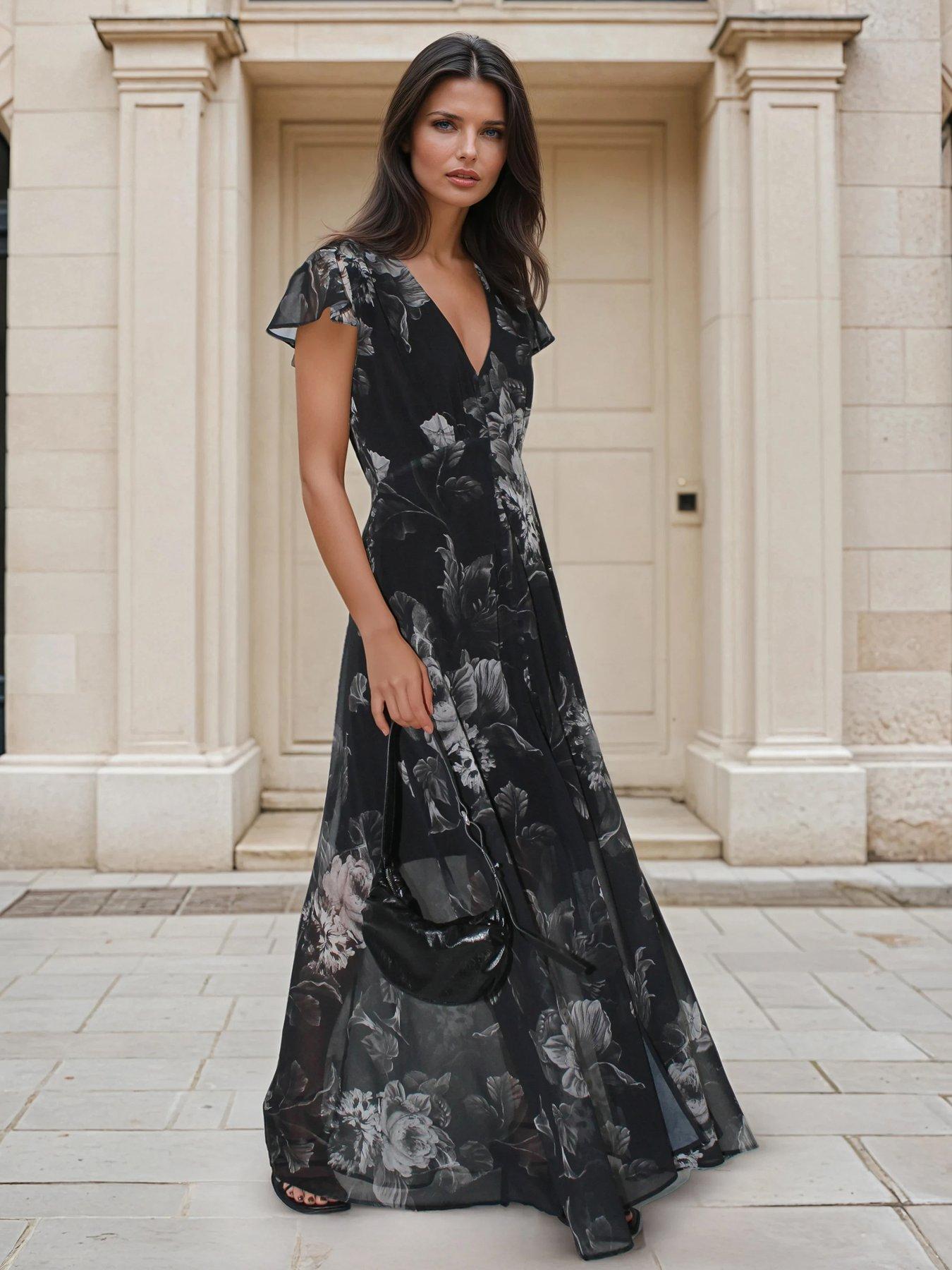 Image 1 of 5 of Religion Indium Maxi Tea Dress With Feminine Button Detail In Vintage Nude Floral On Washed Black - Black