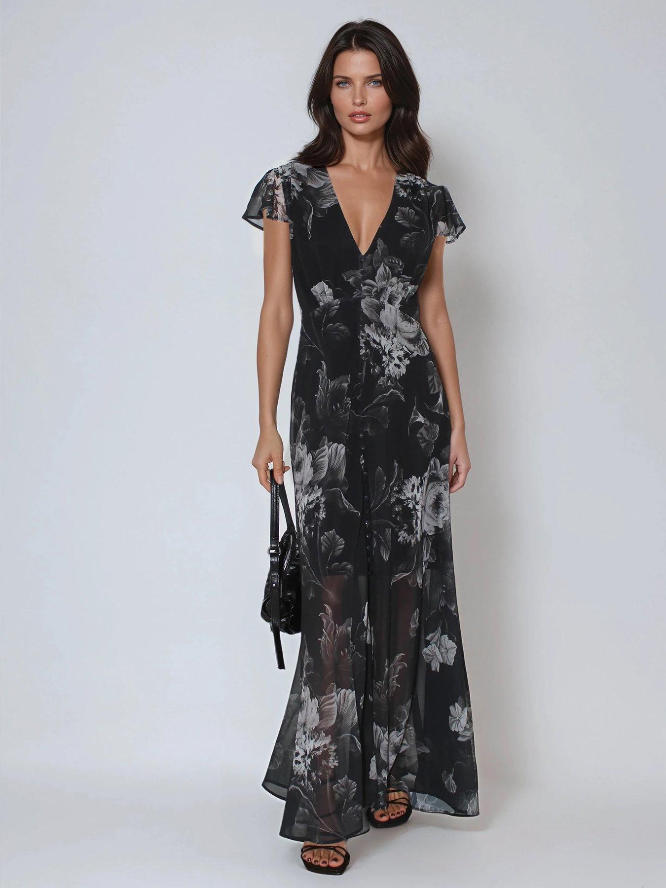 Image 3 of 5 of Religion Indium Maxi Tea Dress With Feminine Button Detail In Vintage Nude Floral On Washed Black - Black