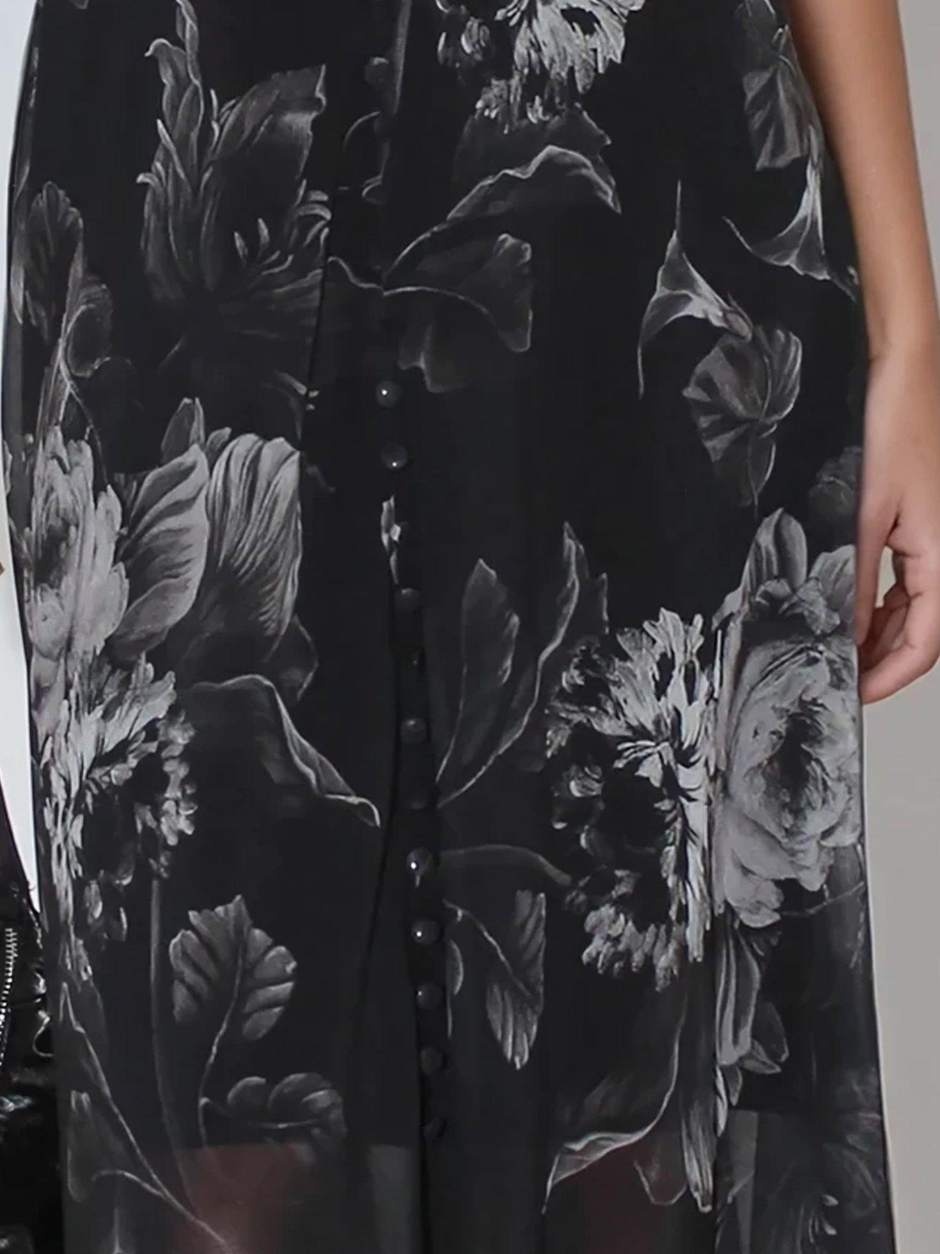 Image 5 of 5 of Religion Indium Maxi Tea Dress With Feminine Button Detail In Vintage Nude Floral On Washed Black - Black