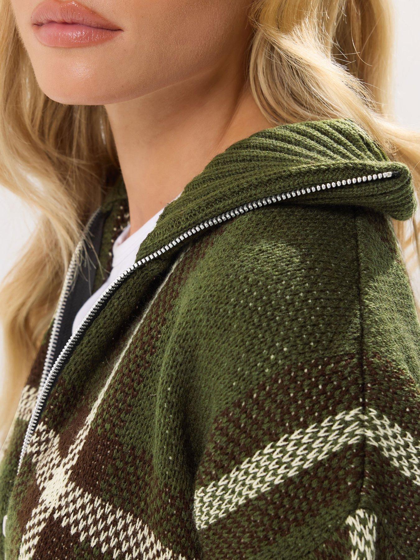 pixiegirl-petite-check-zip-thru-cardigan-brownoutfit