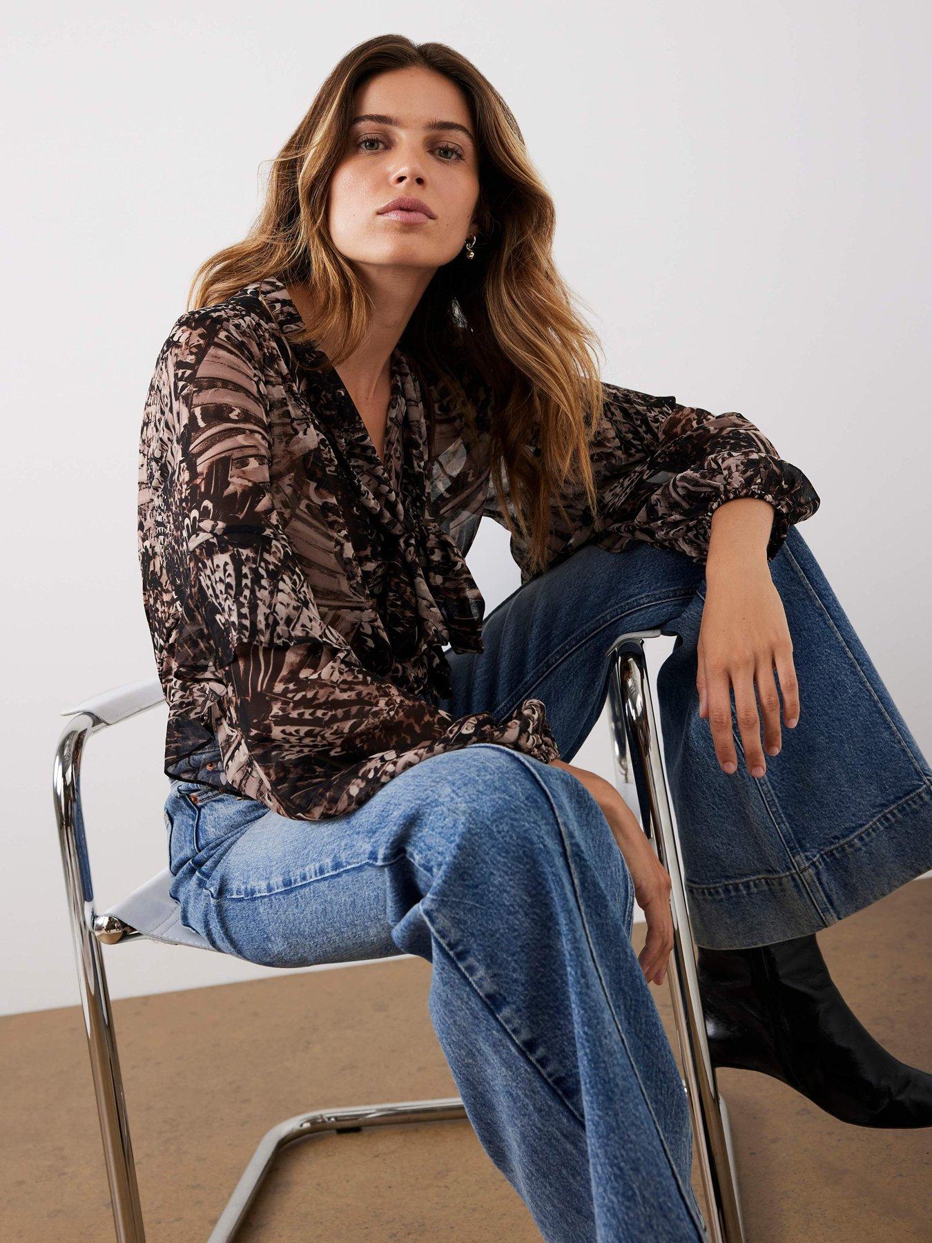 mint-velvet-feather-print-tie-neck-blouse-brownfront