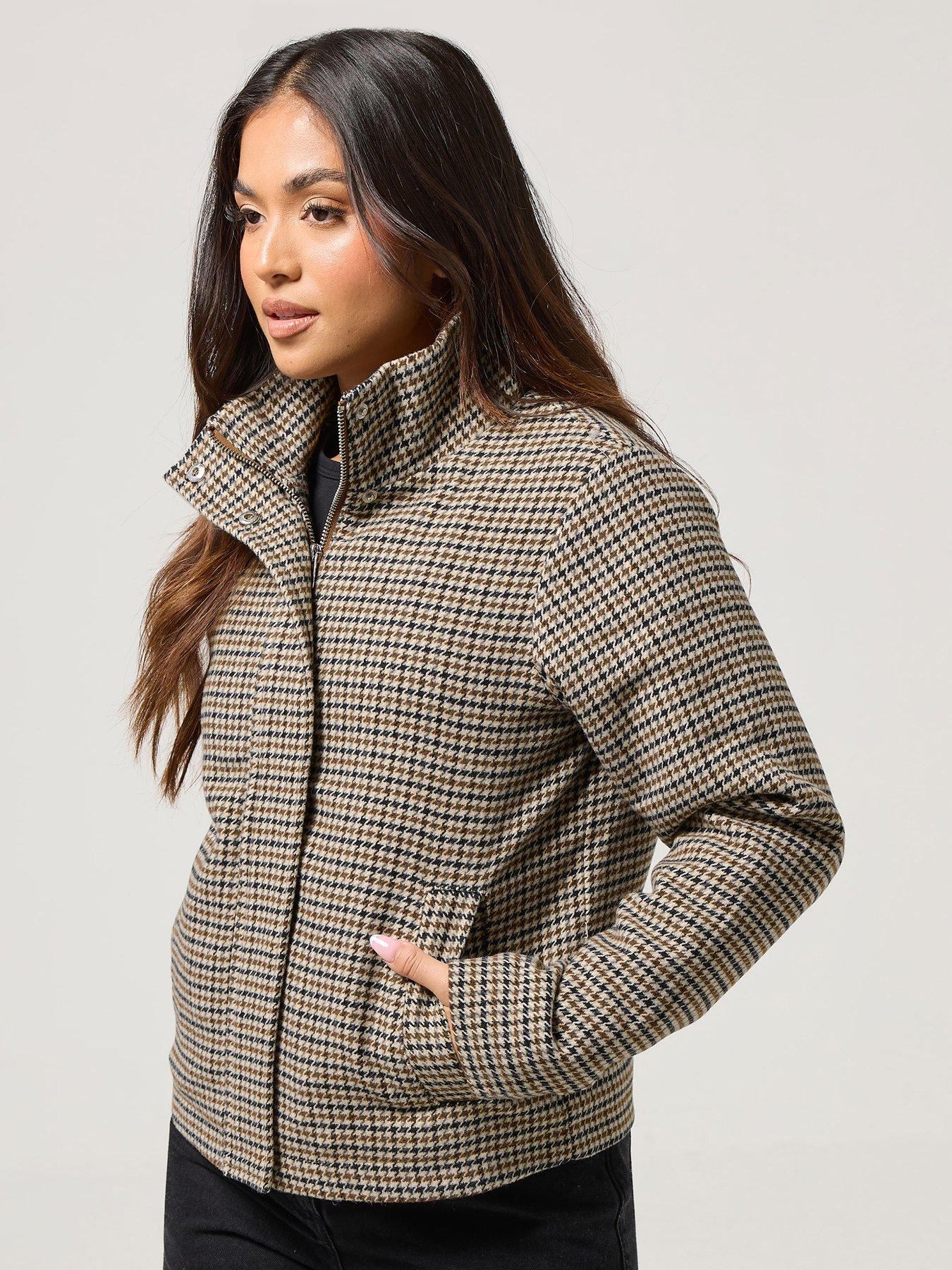 PixieGirl Petite Check Funnel Neck Jacket - Brown
