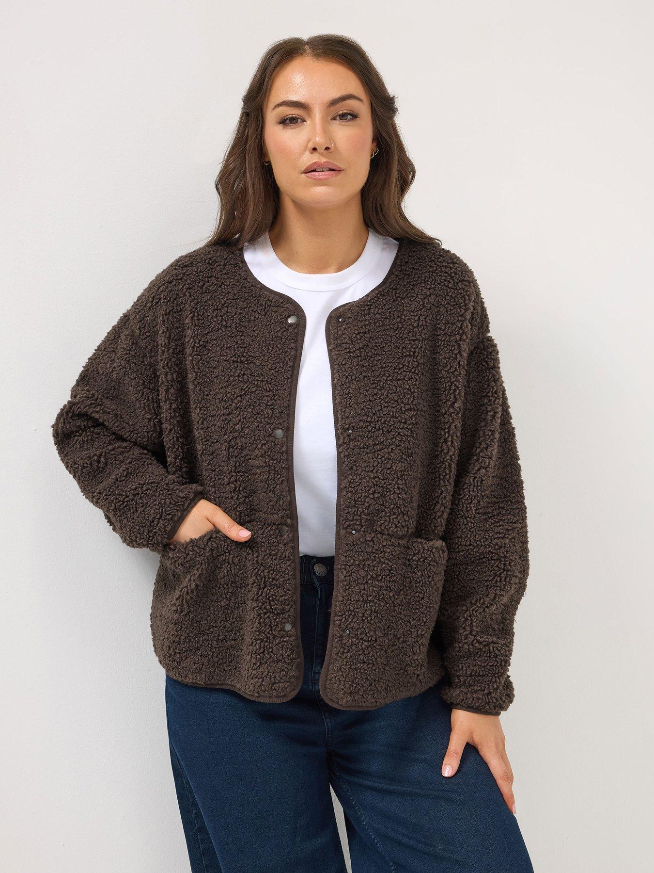 yours-curve-collarless-popper-fleece-jacket-brown
