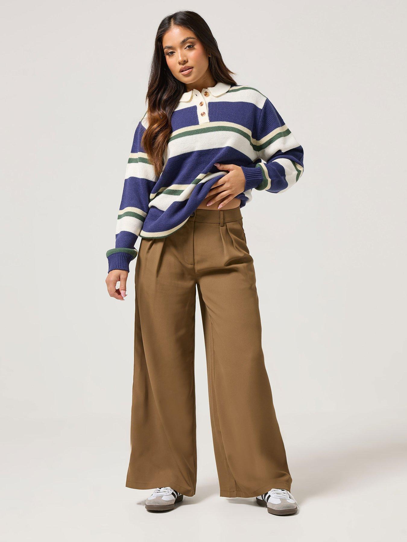 Image 3 of 4 of PixieGirl Petite Pleat Front Wide Leg Dad Trouser - Brown