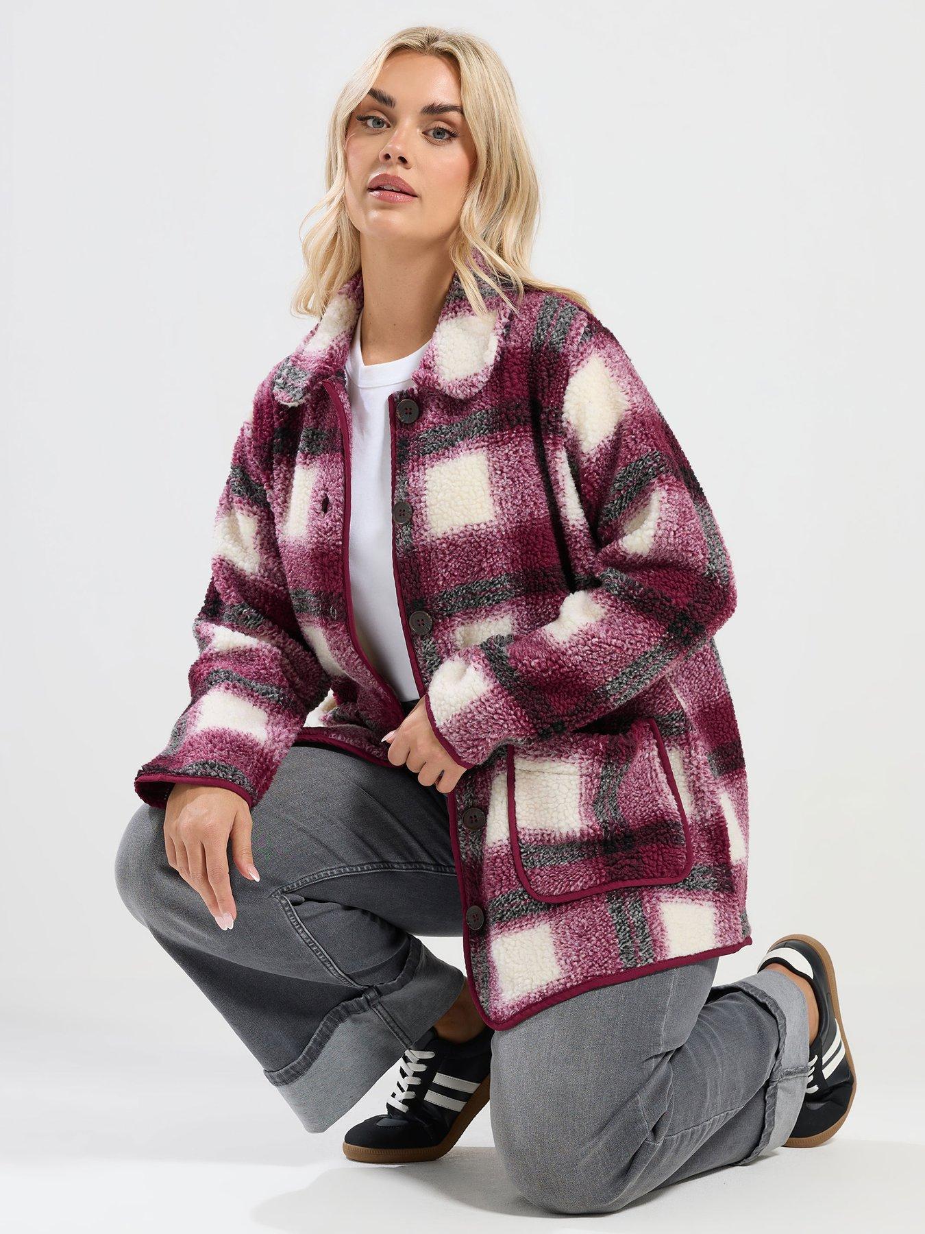 yours-curve-check-teddy-fleece-jacket-dark-red