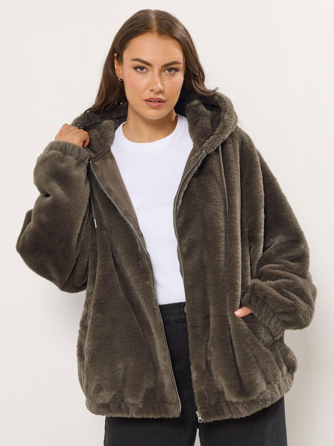 Image 1 of 4 of Yours Curve Faux Fur Zip Thru Hooded Jacket- Brown