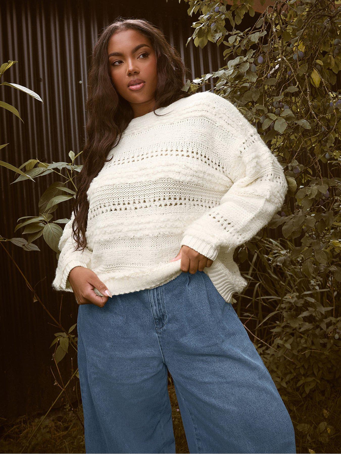 Image 1 of 4 of Yours Curve Boucle Pointelle Knitted Jumper - Ivory