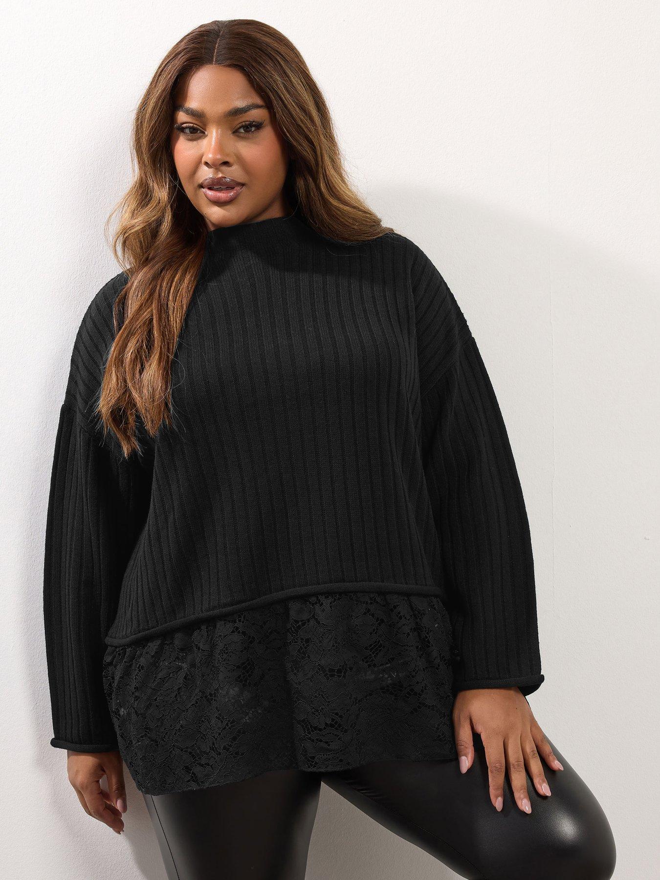 Yours Curve Lace Hem Jumper - Black