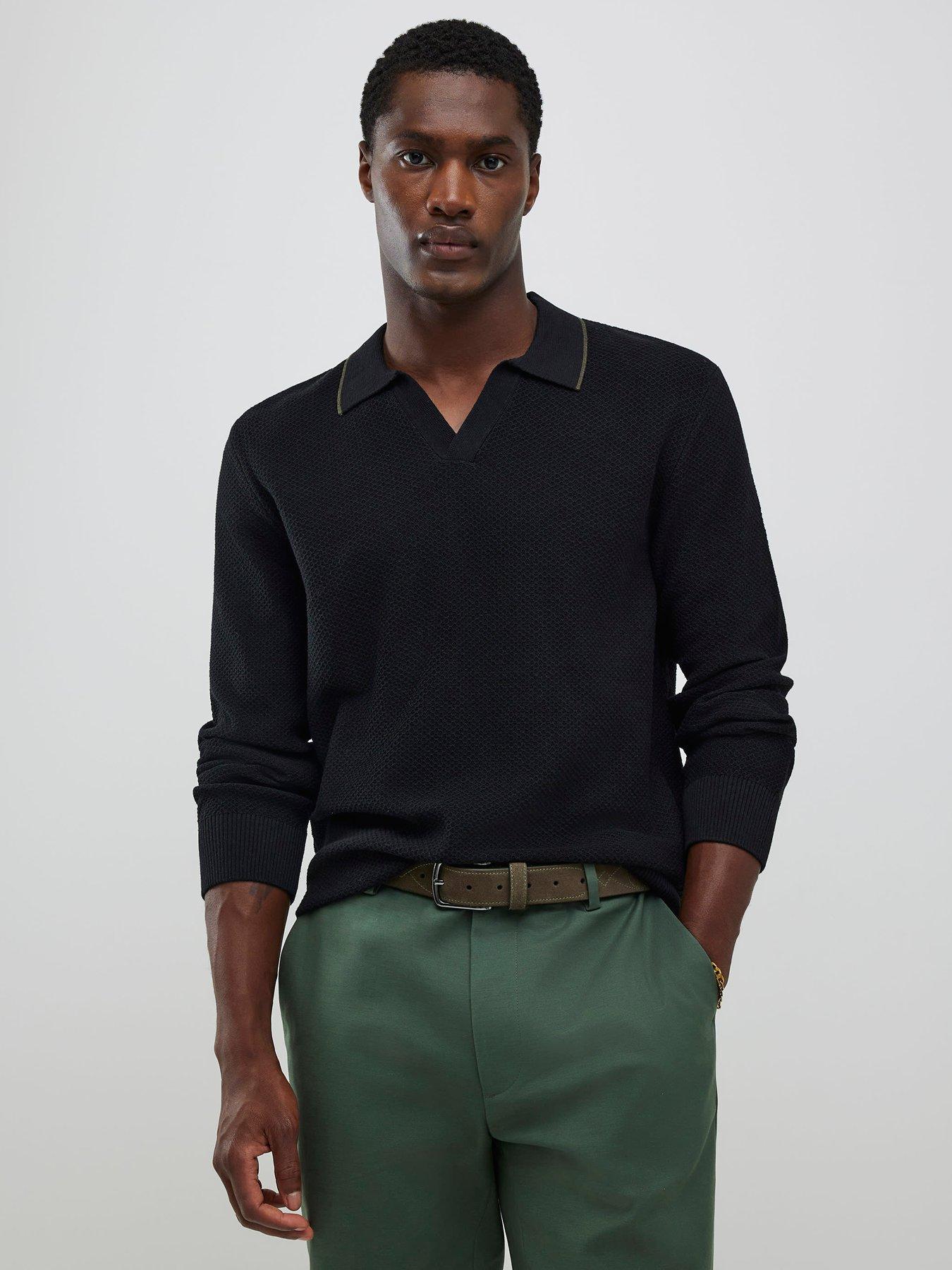 river-island-long-sleeve-honeycomb-texture-open-collar-polo-shirt-blackfront