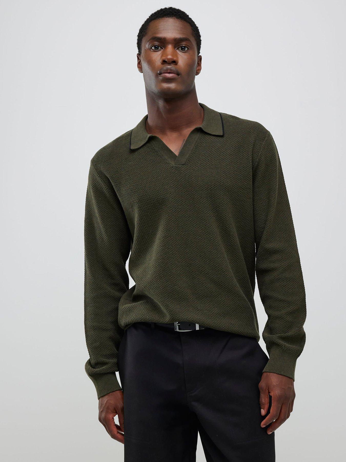 river-island-long-sleeve-honeycomb-texture-open-collar-polo-shirt-khaki