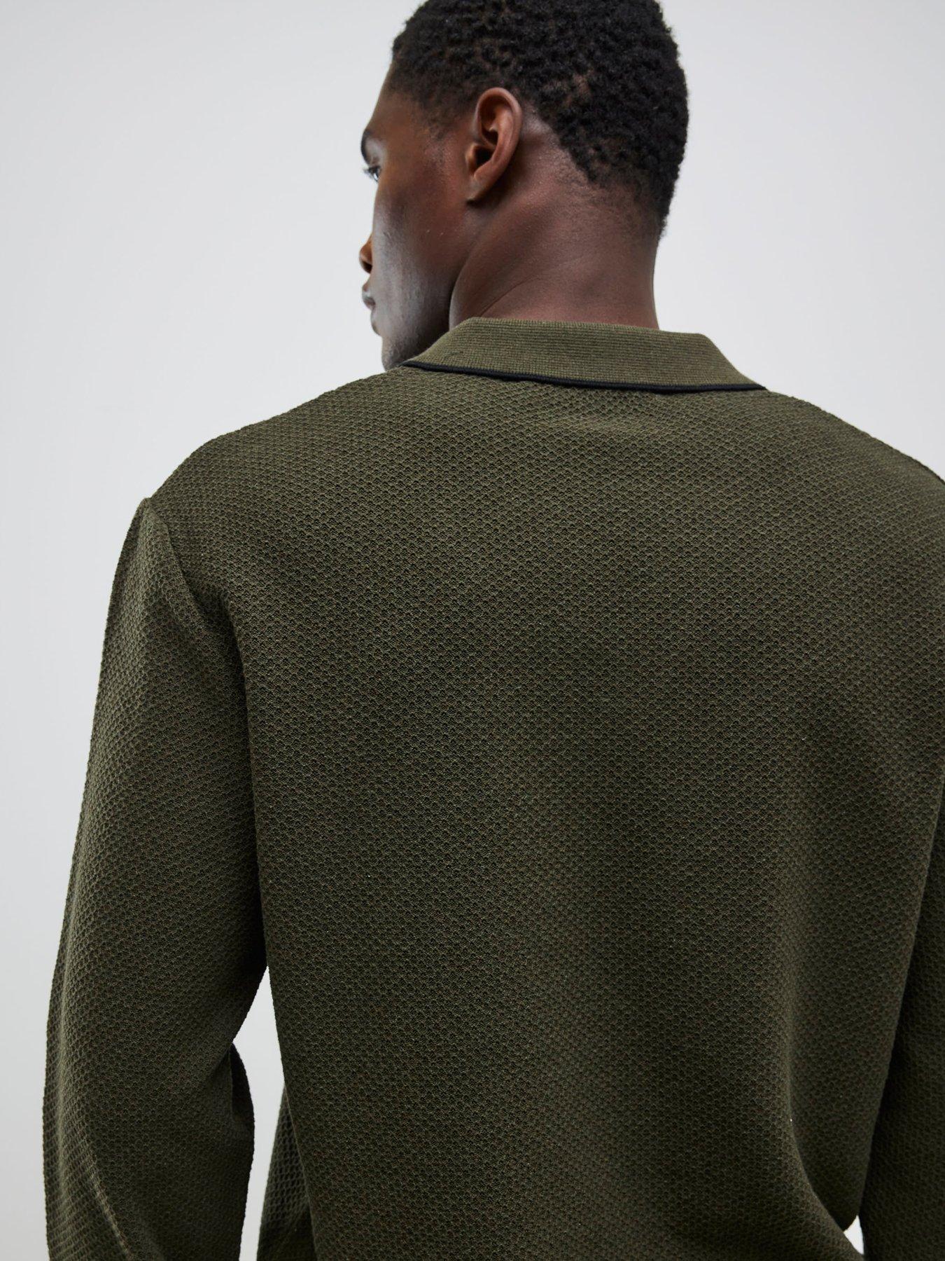 river-island-long-sleeve-honeycomb-texture-open-collar-polo-shirt-khakistillFront