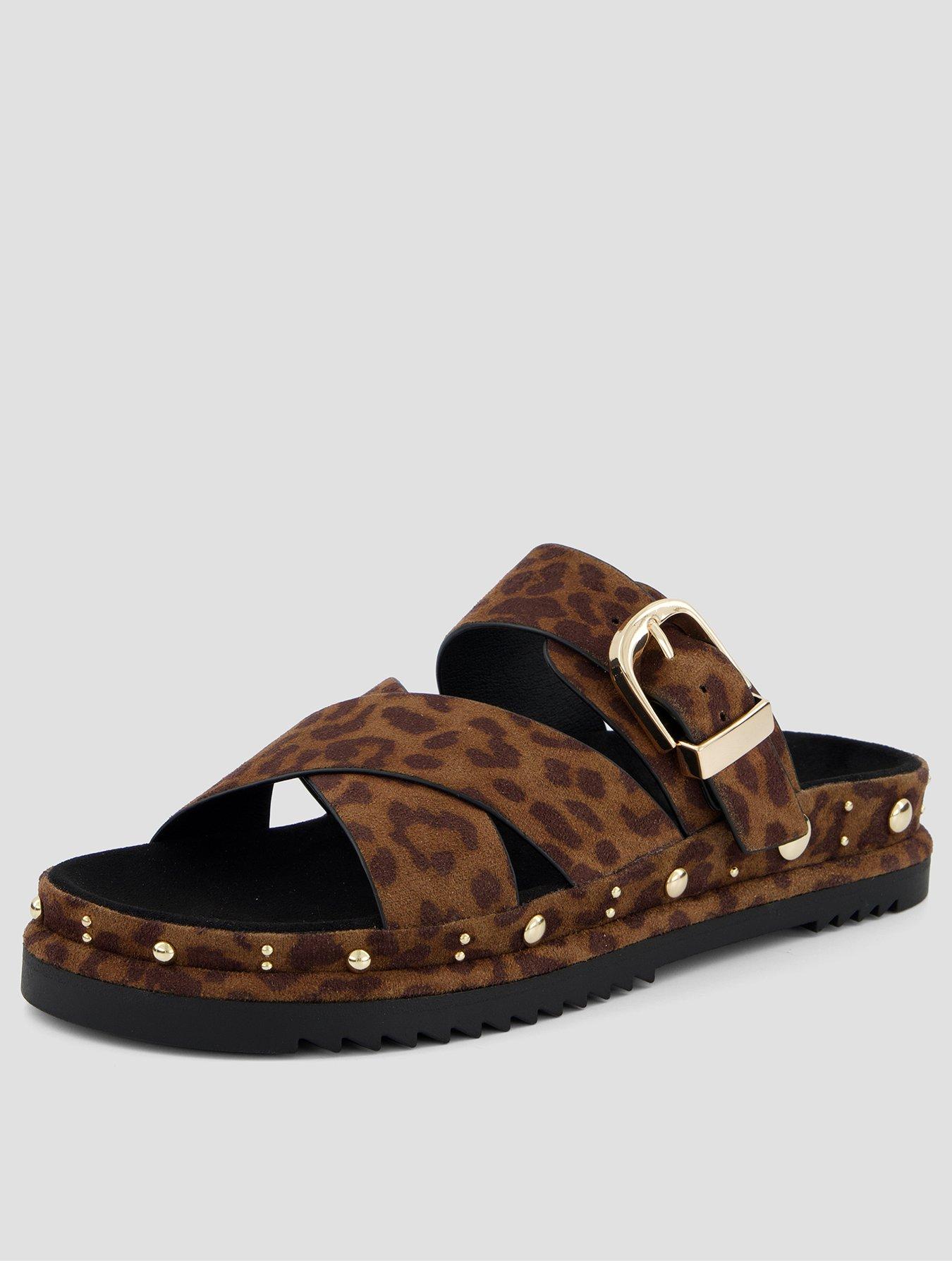 The Very Collection Wide Fit Cross Strap Leopard Footbed Sandal - Brown
