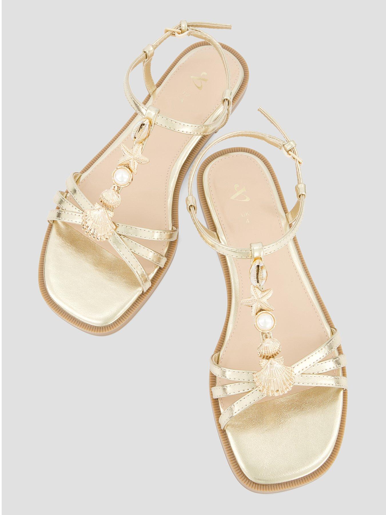 Image 3 of 7 of The Very Collection Wide Fit Shell Embellished Flat Sandal - Gold