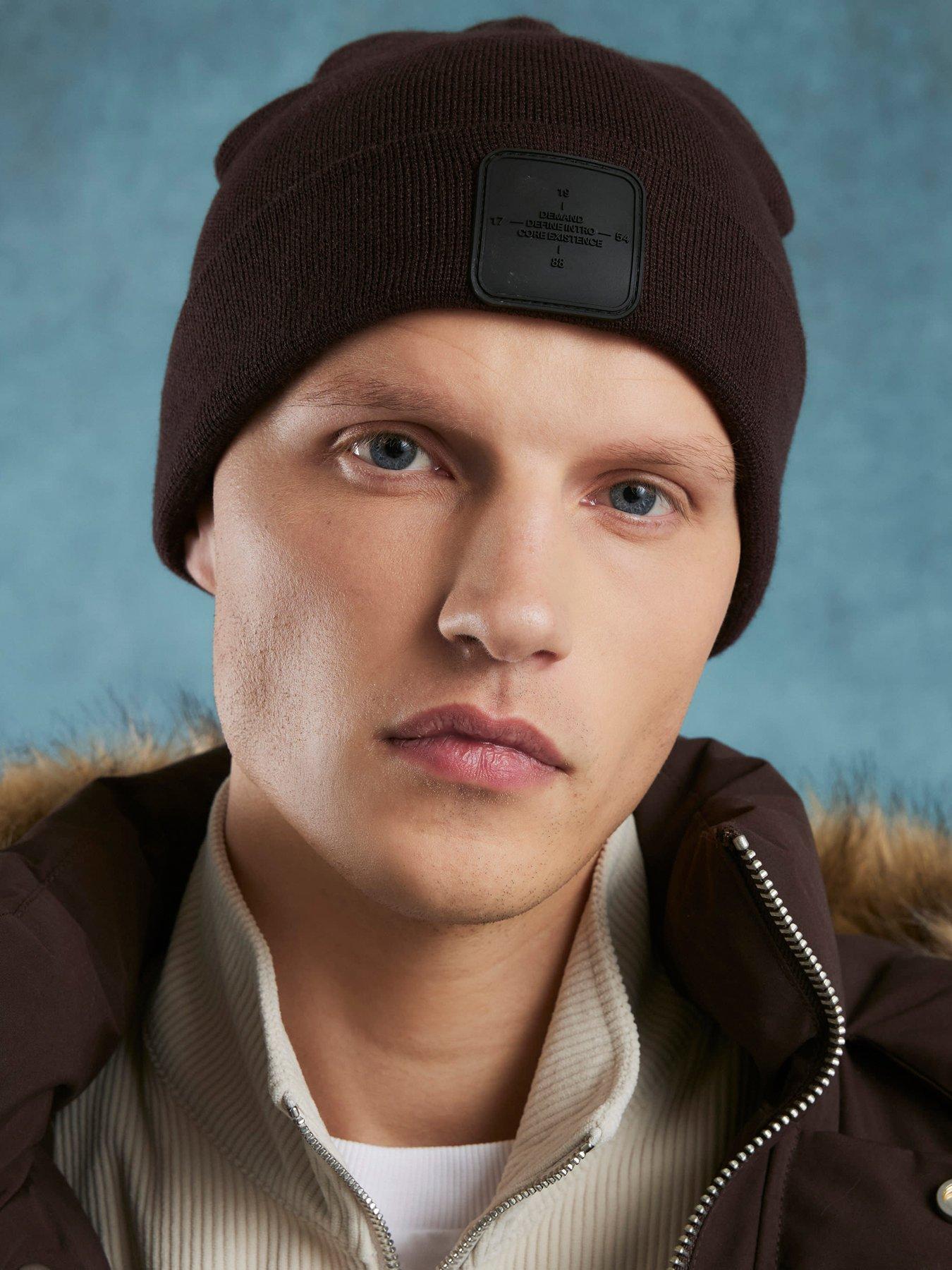 river-island-badge-hat-beanie-hat-brown