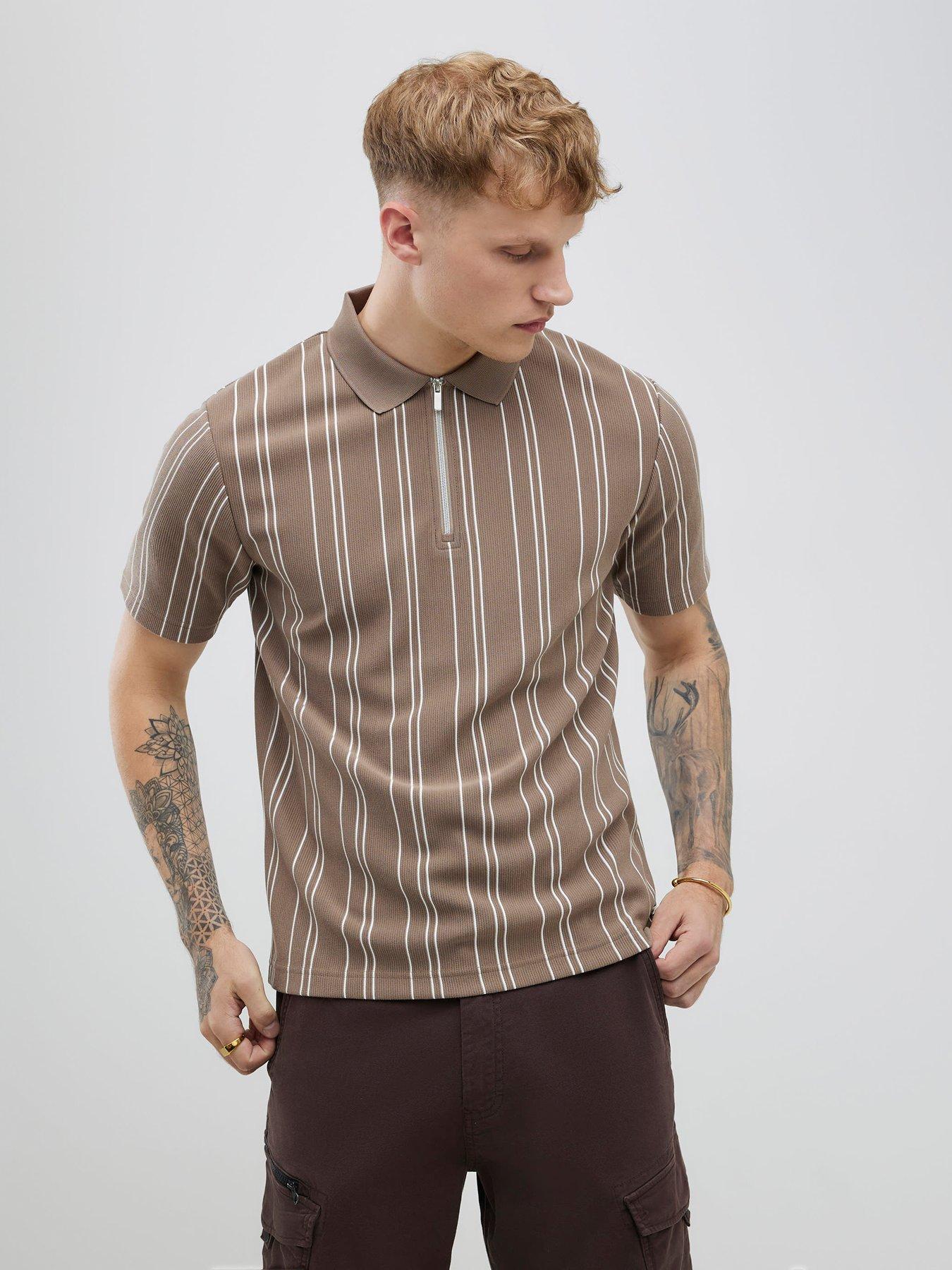 River Island Stripe Short Sleeve Ottoman Polo Shirt - Beige