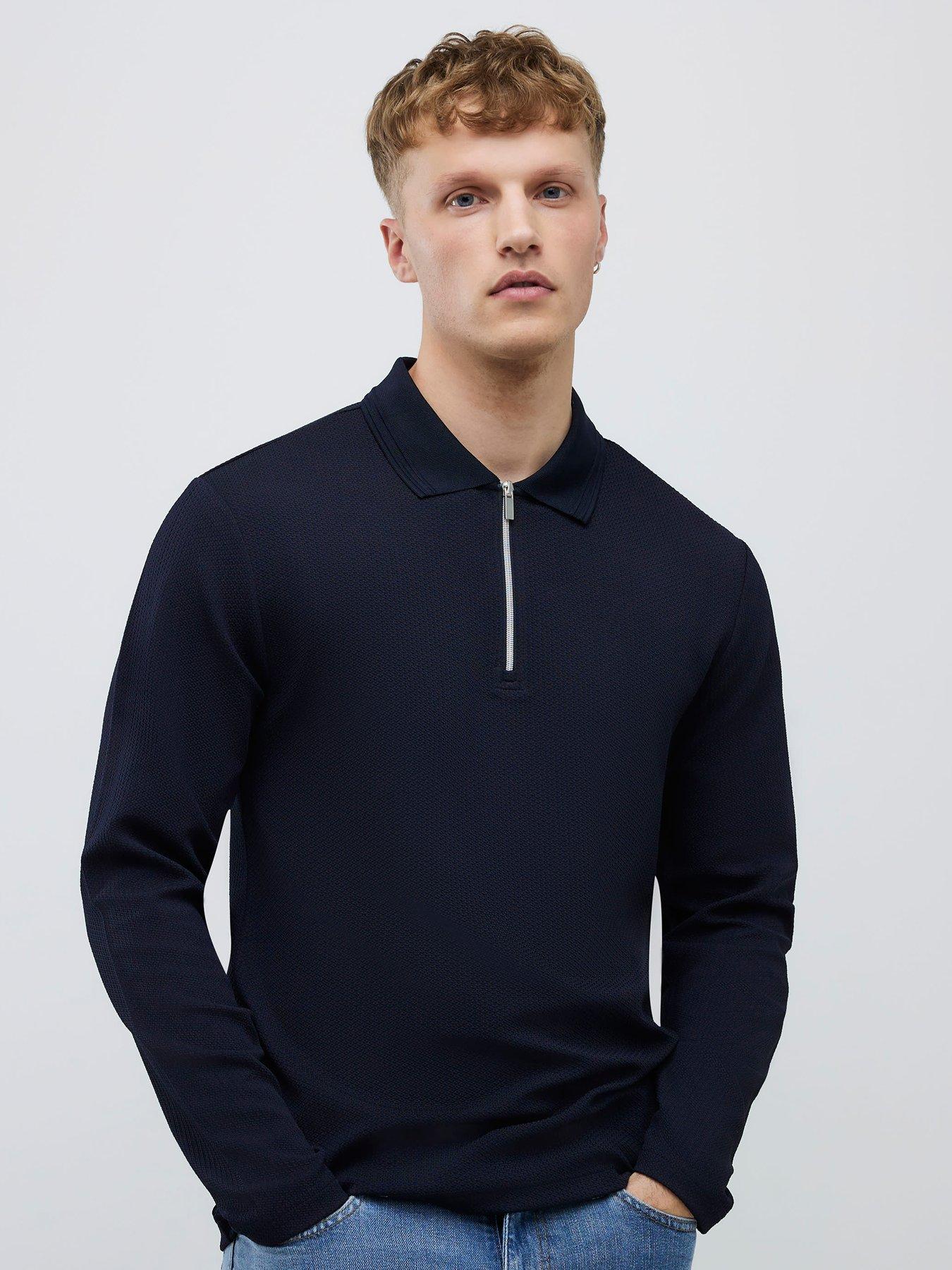 River Island Long Sleeve Slim Textured Poloshirt - Navy