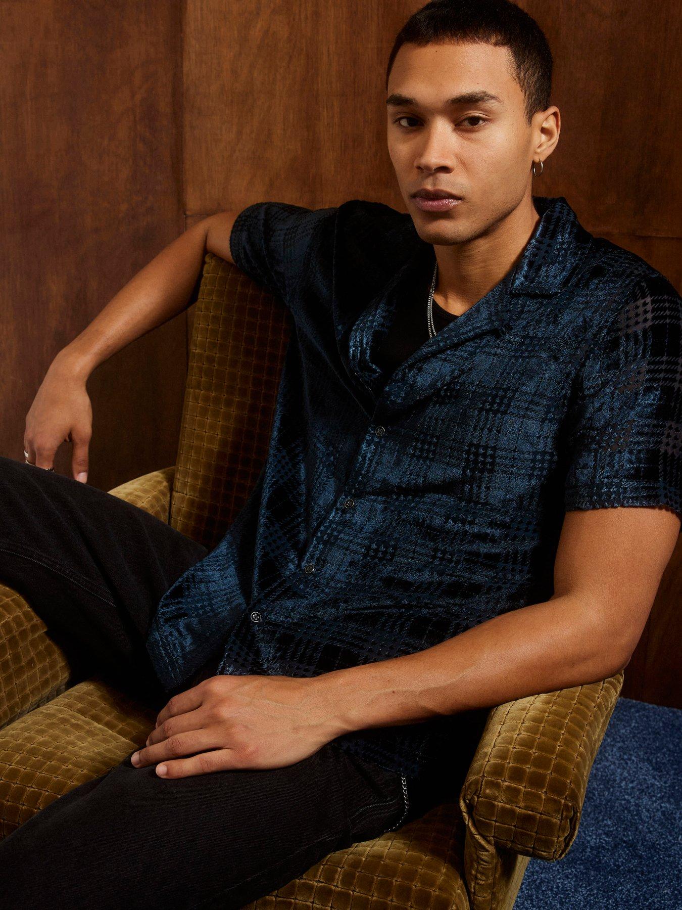 river-island-reg-velour-check-shirt-navy