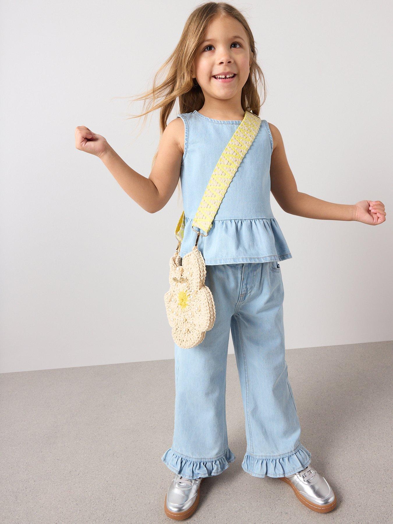 Image 1 of 7 of The Very Collection Girls Denim Culotte Frill Outfit - Light Wash