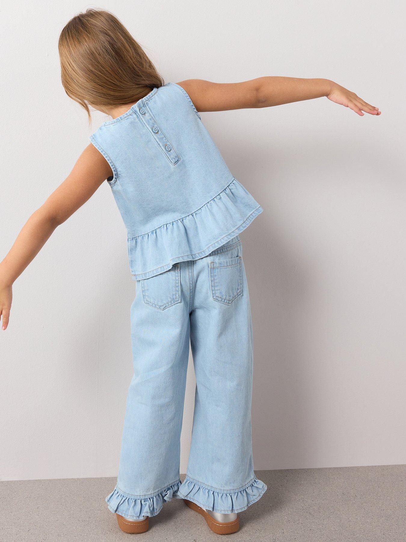 Image 2 of 7 of The Very Collection Girls Denim Culotte Frill Outfit - Light Wash