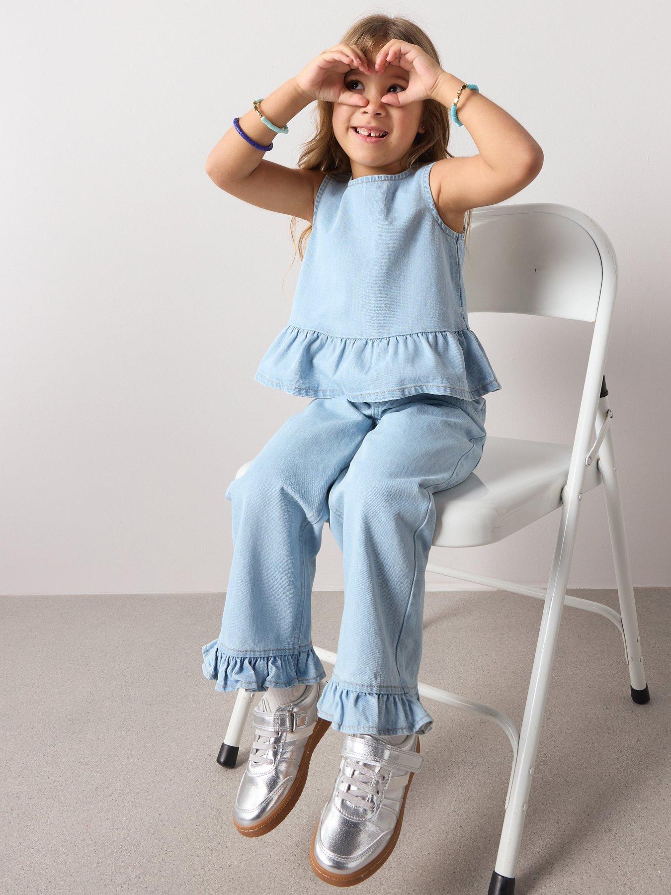Image 3 of 7 of The Very Collection Girls Denim Culotte Frill Outfit - Light Wash